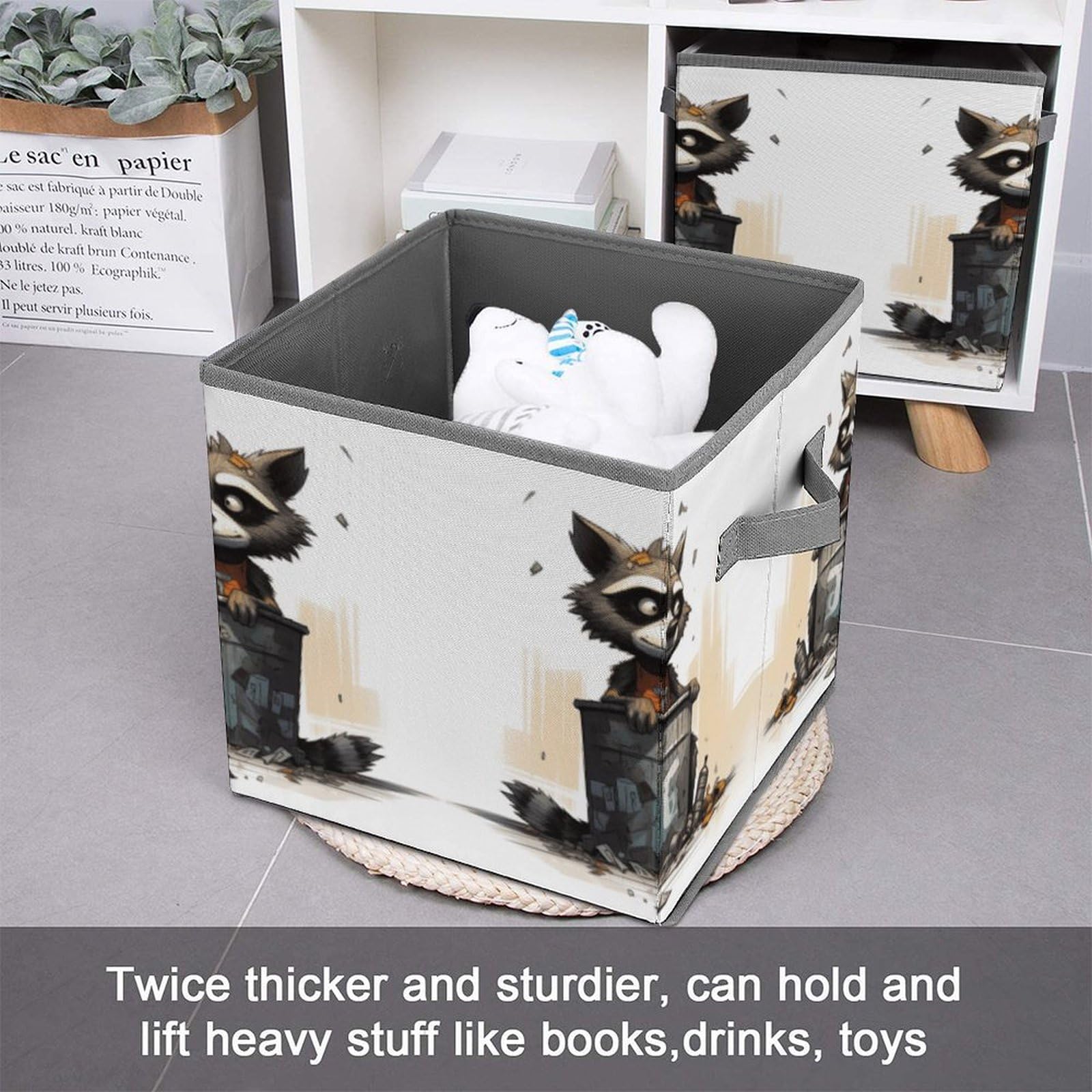 Collapsible Storage Bins with Handles - Raccoon Printed Organizing Baskets for Home & Office