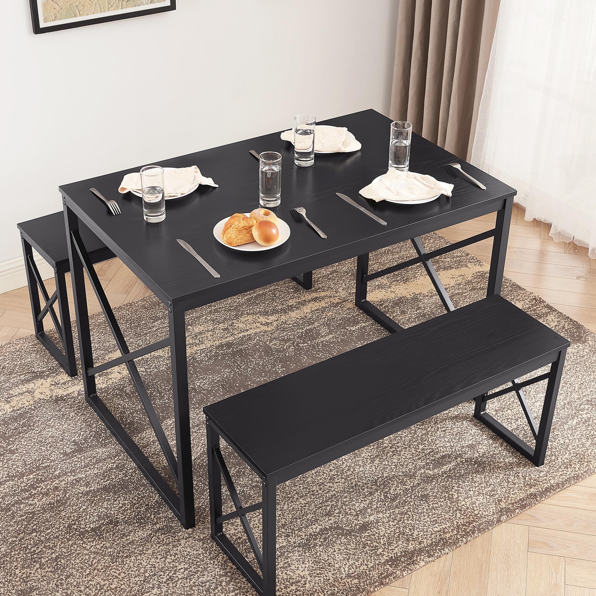 VECELO 4-Person Wood Dining Table Set with 2 Benches, Black Metal Frame Kitchen Table for Small Spaces - Perfect for Breakfast Nook, Apartment Dining & Compact Homes