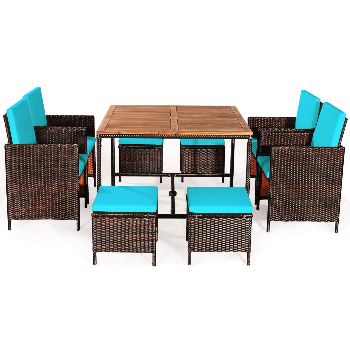 HAPPYGRILL 9-Piece Outdoor Patio Dining Set with Cushions - Acacia Wood Tabletop & Rattan Wicker Chairs - Space-Saving Garden Furniture for Backyard, Poolside, and Outdoor Entertaining
