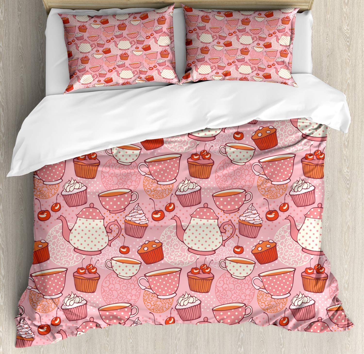 Ambesonne Cartoon Duvet Cover Set - Teapot & Cup Design with Polka Dots, Cherries, Cakes, Tea & Coffee Patterns - 2-Piece King Size Bedding Set with 4 Pillowcases - Pink, Orange & Red - Perfect for Kids Rooms, Guest Bedrooms & Themed Decor