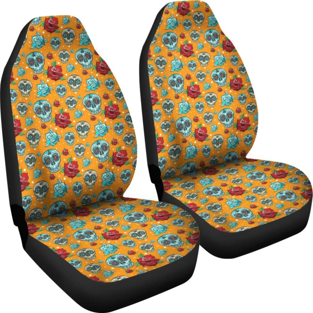 2 Pcs Floral Sugar Skull Day of The Dead Car Seat Covers - Mexican Style Decor for Halloween & Dia de Los Muertos - Perfect for Cars, Trucks & SUVs