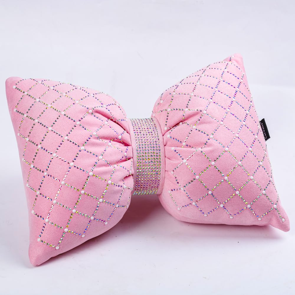 Pink Rhinestone Bow Lumbar Support Pillow - Car Seat & Home Decor Cushion for Women (1 Pack) | Perfect for Office Chairs, Sofas, and Long Drives