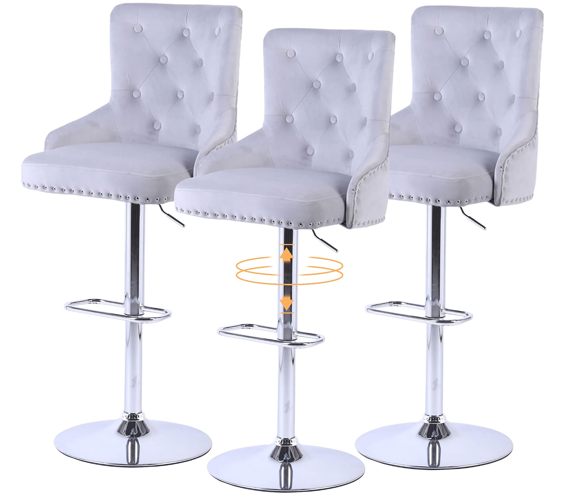 3-Piece Velvet Bar Stool Set with Adjustable Height & Swivel Base - Modern Kitchen Counter Stools for Home, Office & Pub Use - Comfortable Back Support & Stylish Design