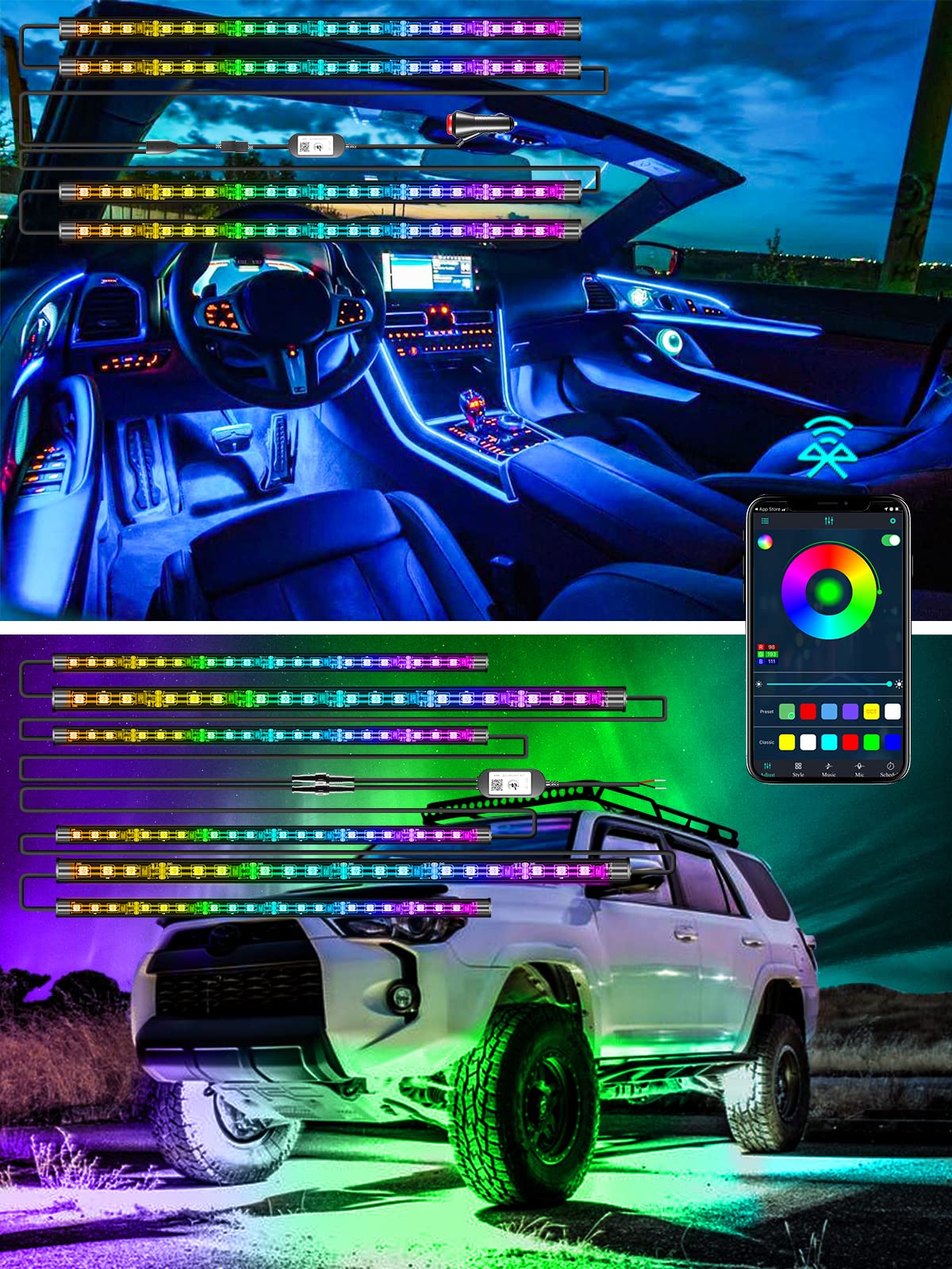 16 Million Color RGB Bluetooth Car LED Interior & Underglow Lights Kit - 4 Interior Strip Lights & 6 Waterproof Exterior Lights with Music Sync - Perfect for Car Customization, Night Driving & Car Shows