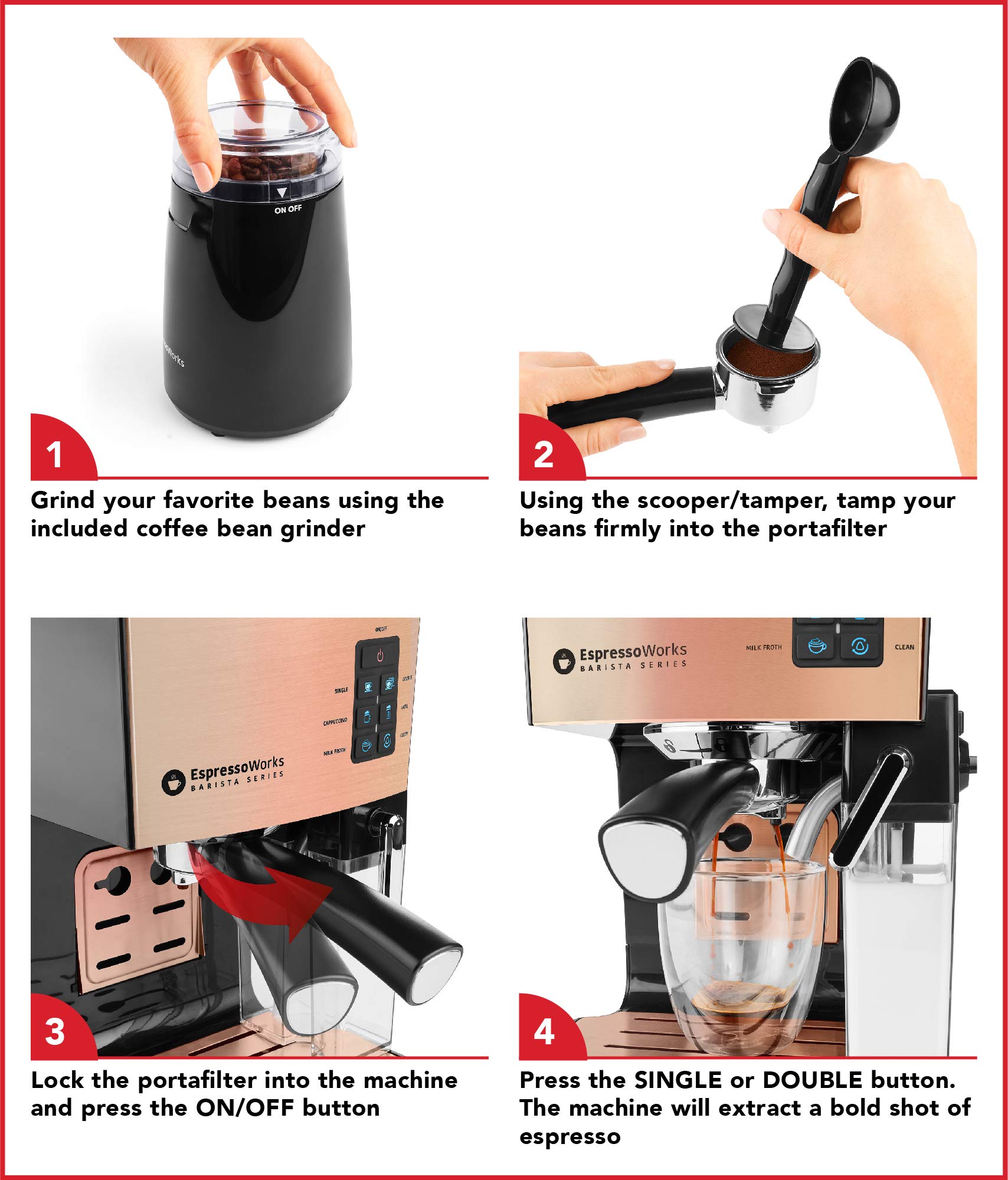EspressoWorks 19-Bar Professional Espresso Machine with Milk Frother - 10-Piece All-in-One Coffee Maker Set for Latte & Cappuccino - 1250W Fast Heating - Perfect for Home & Office Use - Rose Gold (Ideal Coffee Gift Set)