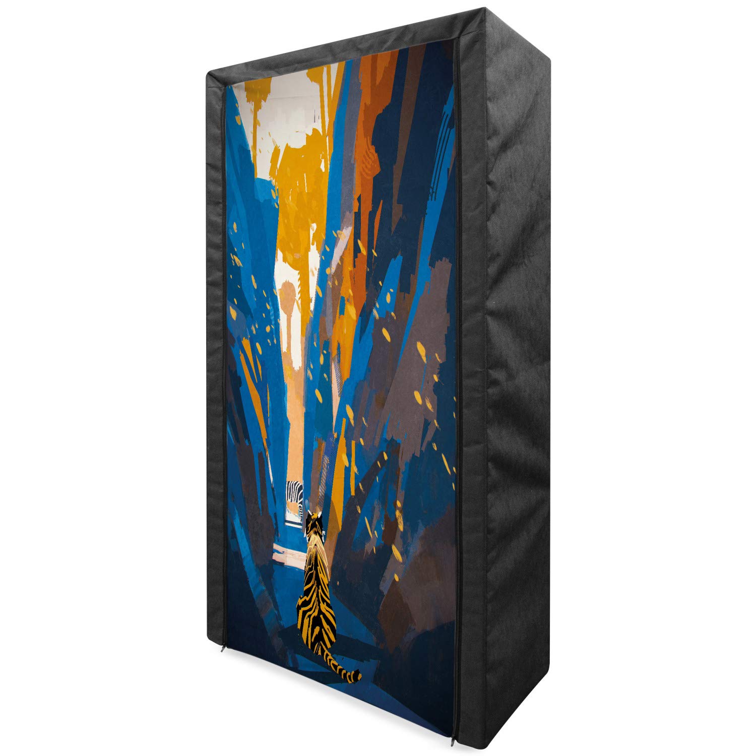 Ambesonne Fantasy Portable Fabric Wardrobe - Tiger Jungle Print Clothing Organizer with Shelves, 33.5 Inch Storage Closet for Bedroom, Dorm, or Travel - Orange and Blue Design
