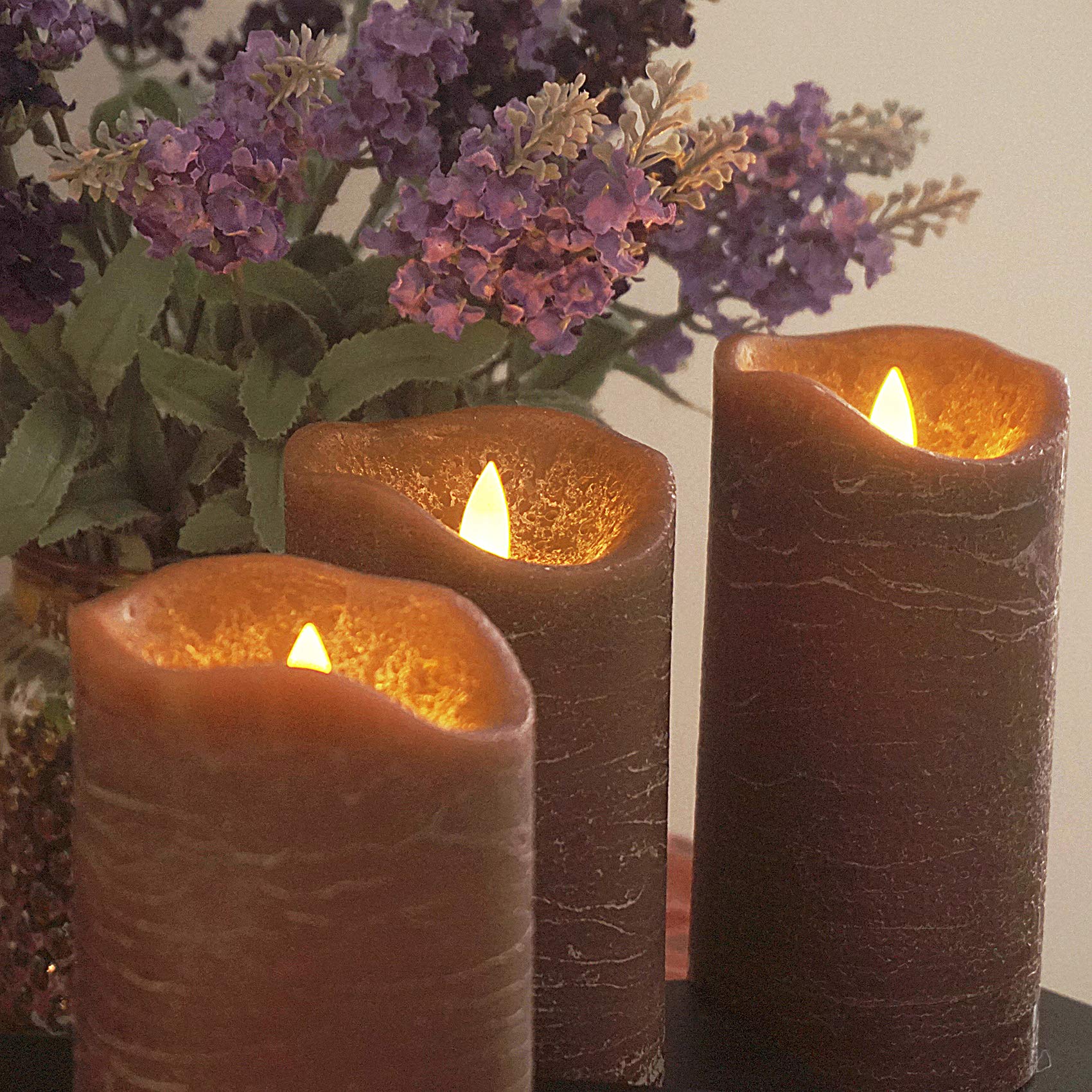 Real Wax Flameless LED Candles with Timer - Set of 3 Battery Operated Pillar Candles, Realistic Flickering & Rustic Brown Texture, 6H On/18H Off Auto Cycle - Perfect for Home Decor, Weddings, Romantic Dinners & Holiday Centerpieces