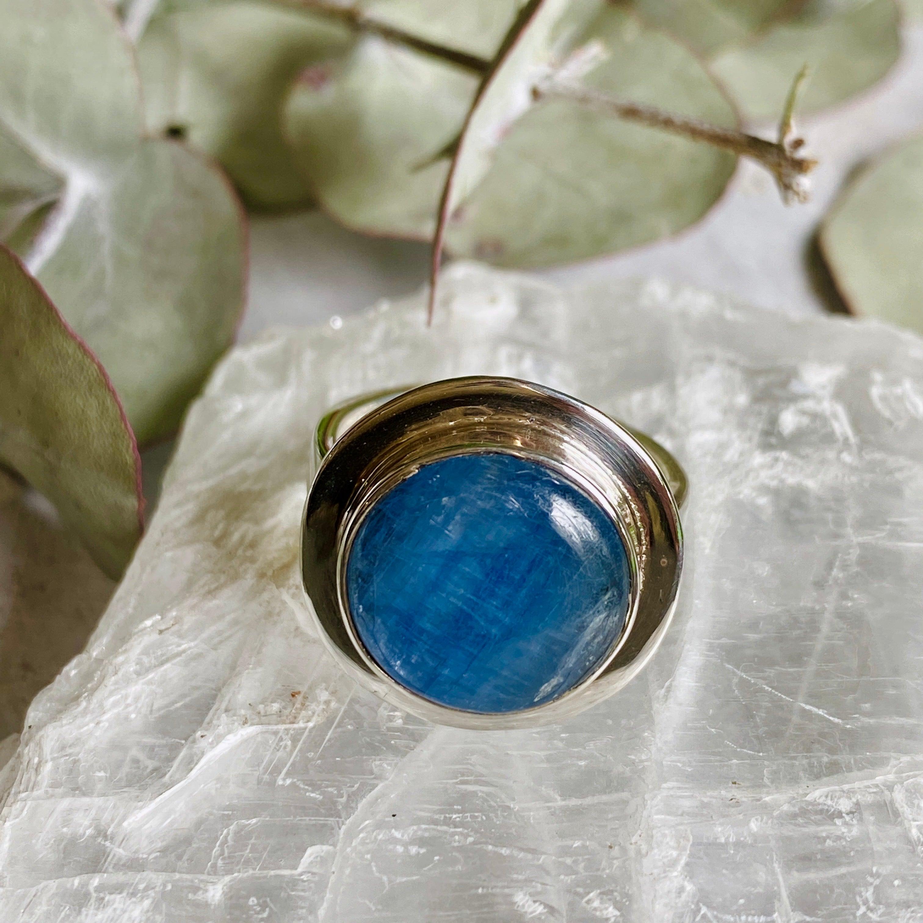 Natural Kyanite Round Cabochon Ring Size 8 - Handmade Sterling Silver Jewelry for Women, Perfect for Everyday Wear & Special Occasions