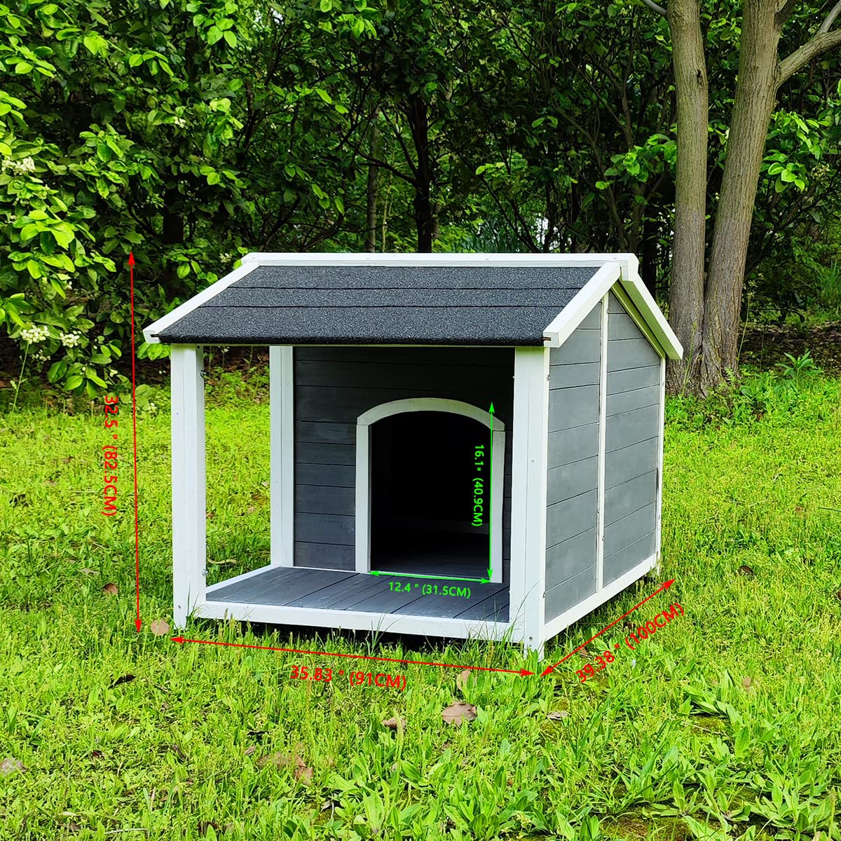 Large Outdoor Wooden Dog House - Waterproof & Windproof Insulated Dog Kennel with Porch Deck - Durable Weatherproof Shelter for Medium to Large Dogs - Perfect for Backyard, Patio, or Garden Use