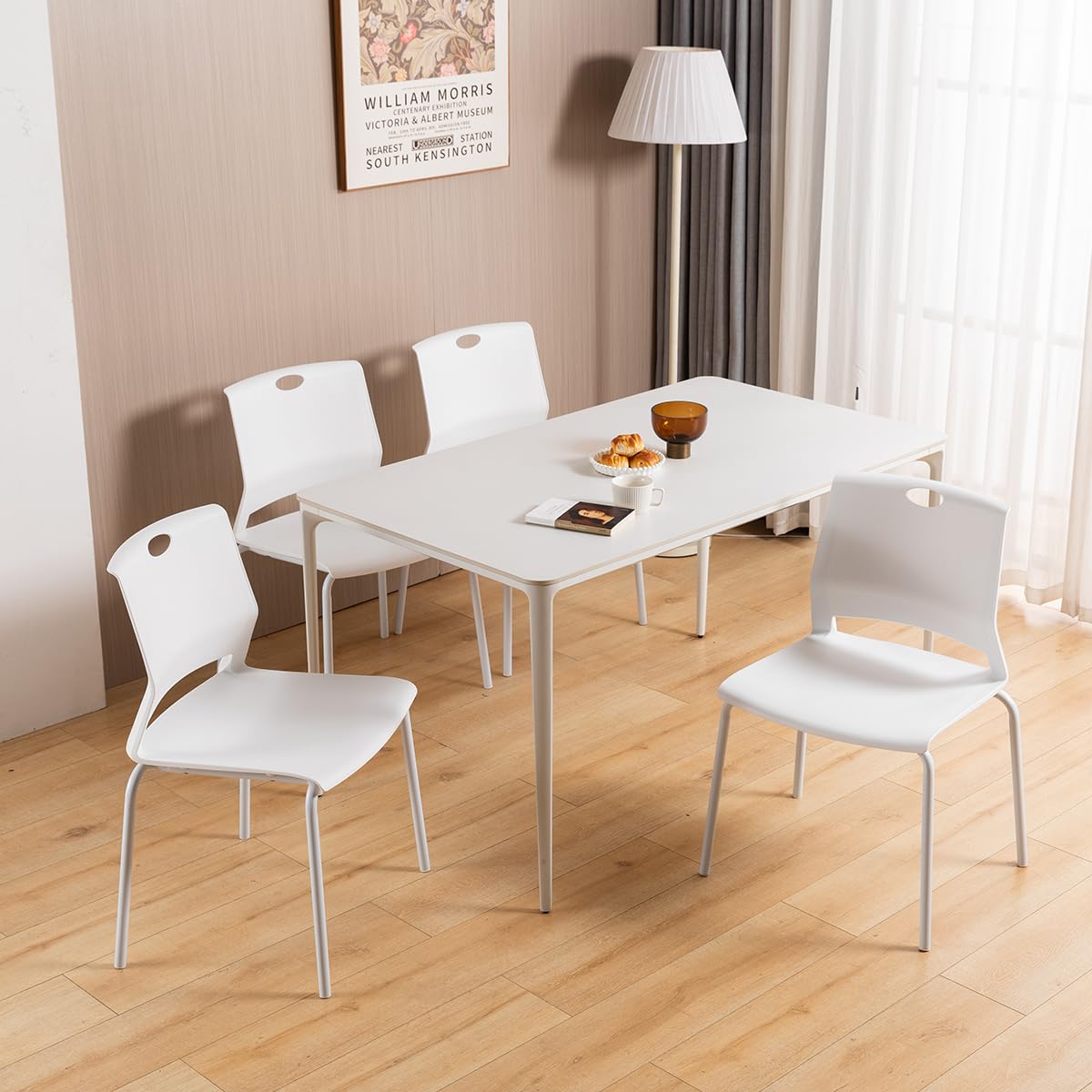 White Stackable Chairs Set of 4 - Modern Plastic Dining Chairs with Wide Seat for Office, Conference Room, Living Room & Classroom - Perfect for Home, Office & Commercial Spaces