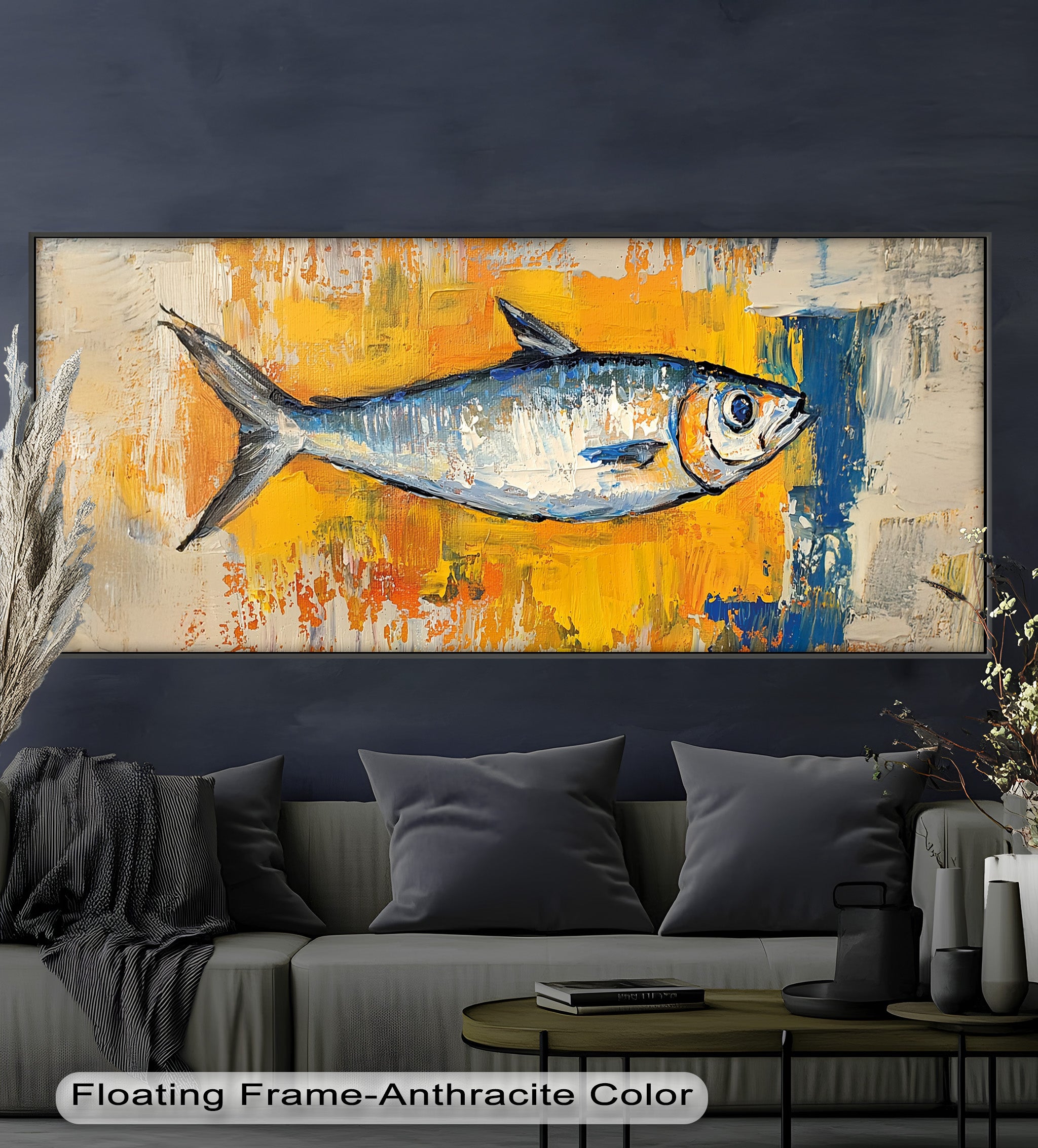 Blue Fish on Vibrant Yellow Background Animal Oil Painting - Handmade Wall Art Decor for Living Room, Bedroom & Office