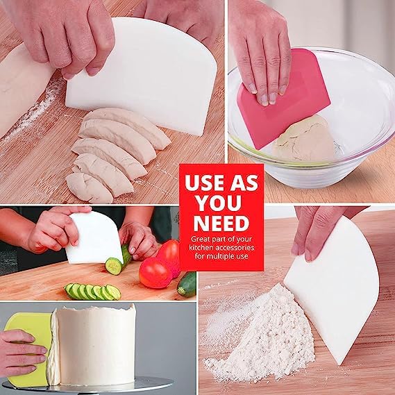 PRODINE Dual-Sided Dough Scraper Set of 2 - Flexible Food-Grade Plastic Bowl Scraper with Measurements for Baking Bread, Pizza, Pastry - Cream Smoother Tool for Bakers (White & Pink) | Perfect for Home Bakers, Professional Kitchens & Cake Decorating