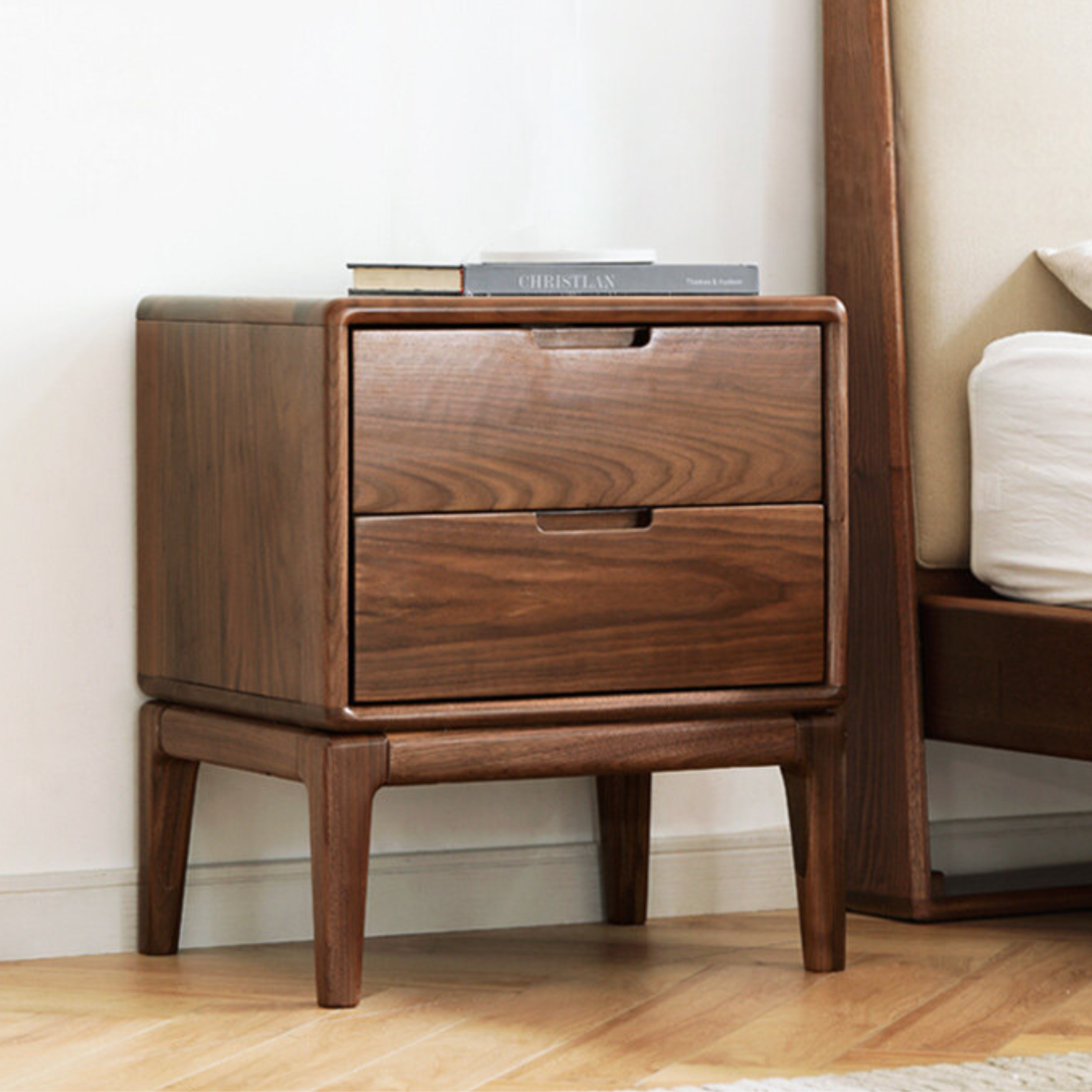 Premium Black Walnut & Ash Solid Wood Nightstand - Modern Nordic Style Bedside Table for Bedroom, Living Room, or Office - Durable & Stylish Furniture with Storage Shelf