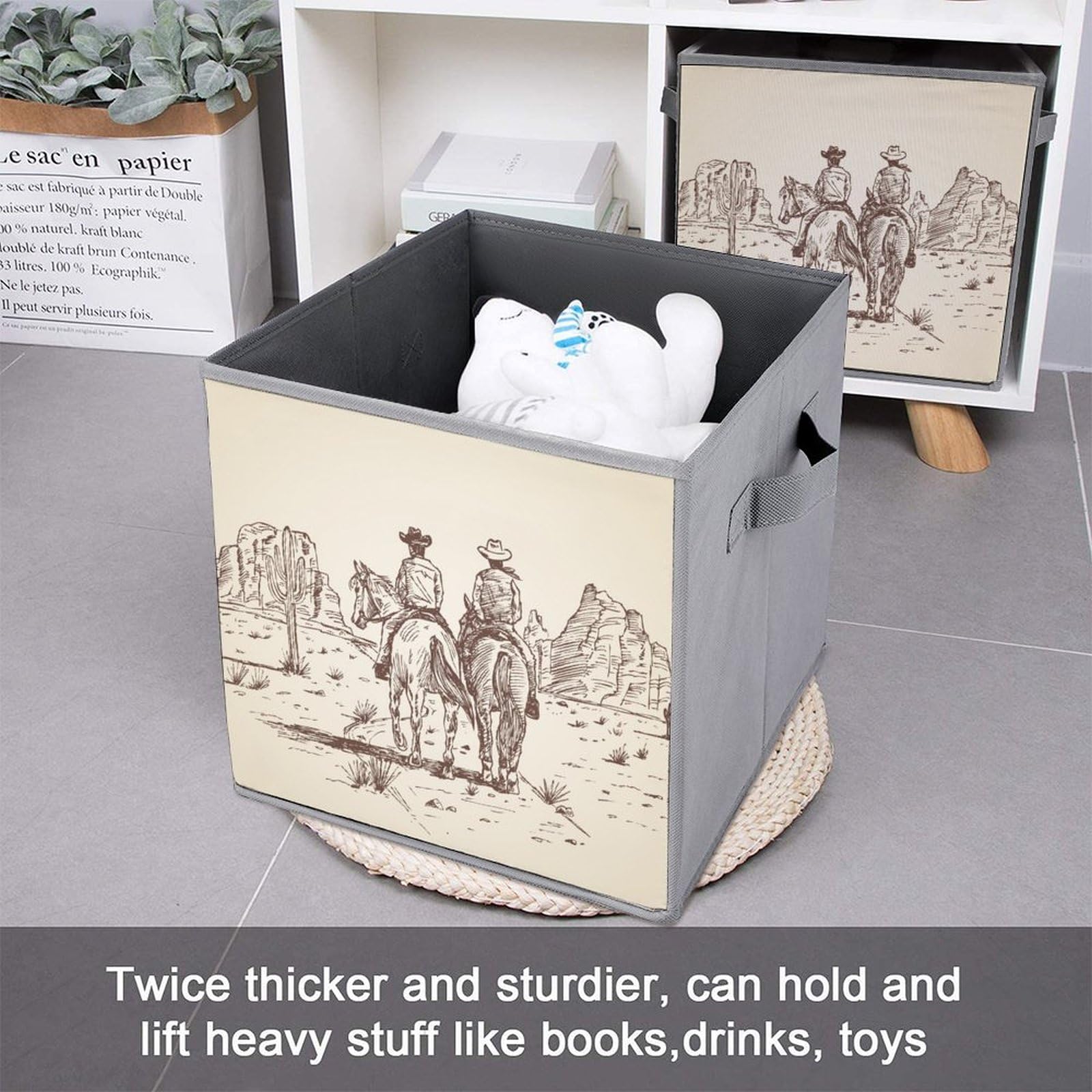 Western Desert Cowboy Riding Horses Fabric Storage Bins - Collapsible Storage Cubes with Double Handles for Clothes Organization (2-Pack) | Perfect for Bedroom, Closet & Nursery Storage Solutions