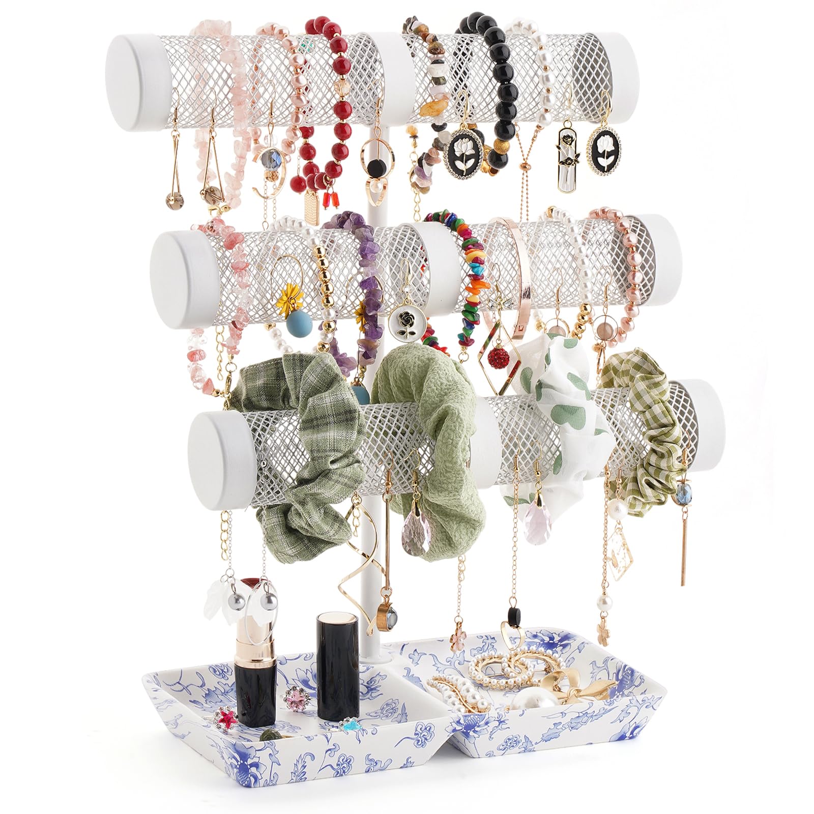 3-Tier Bracelet Holder & Jewelry Organizer Stand - Display Bracelets, Earrings, Necklaces, Watches & Scrunchies - Elegant Porcelain Ring Tray - Perfect Gift for Women (Home Decor, Boutique Display, Jewelry Storage)