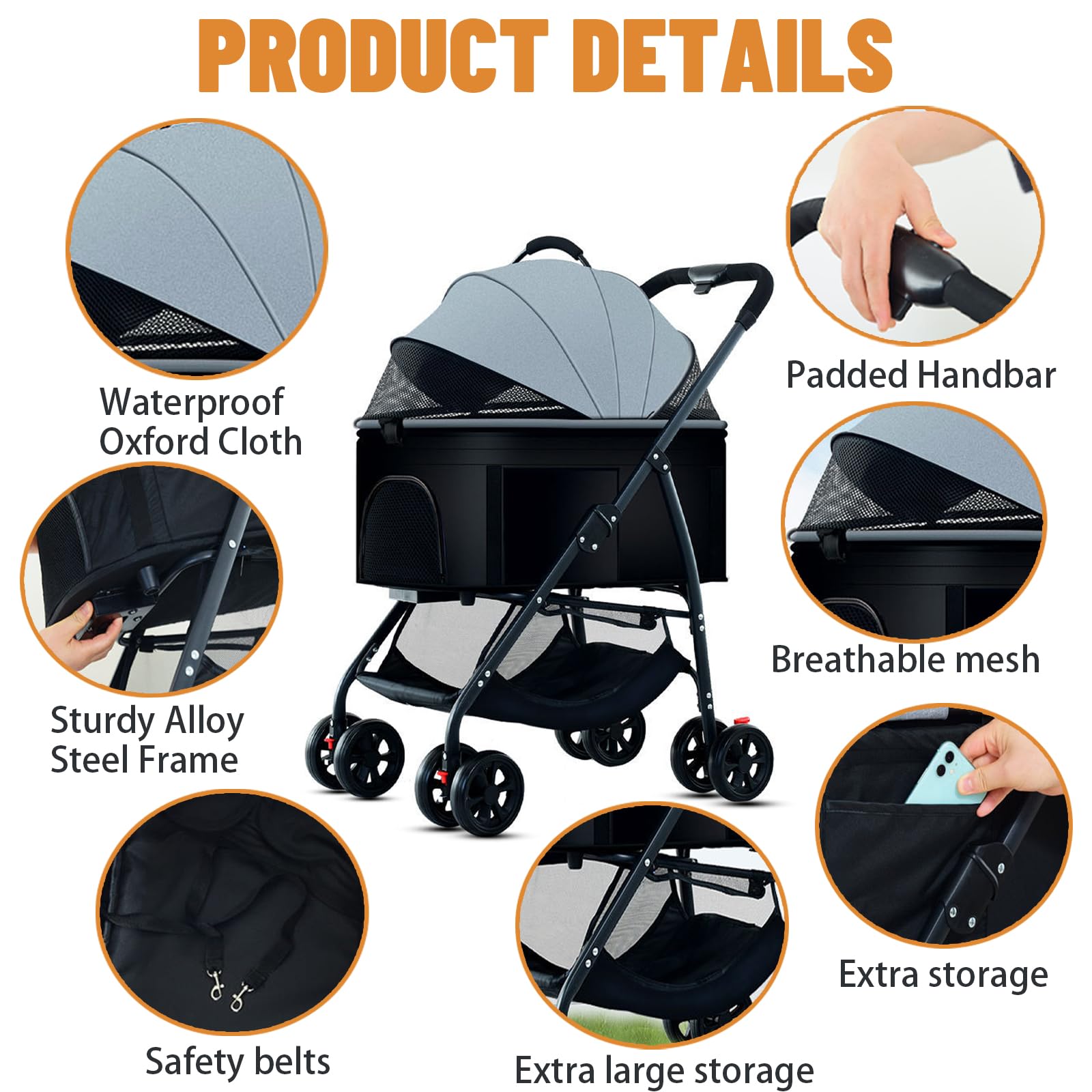 3-in-1 Folding Lightweight Pet Stroller for Dogs & Cats up to 55lbs - Travel Carrier with Storage Basket, Jogger Wagon for Small & Medium Pets (Grey) | Perfect for Park Walks, Vet Visits & Outdoor Adventures