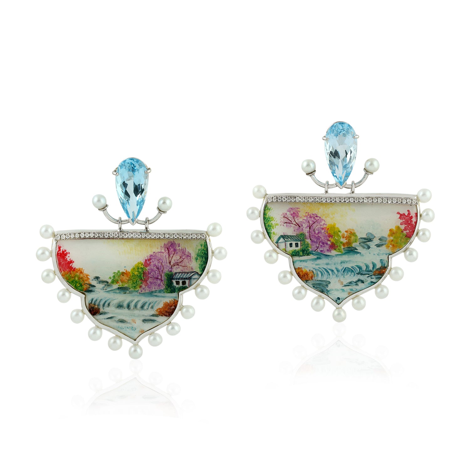 Exquisite White Gold Dangle Earrings with MOP Pearls, Blue Topaz & Pave Diamonds - Perfect for Weddings, Parties & Special Occasions