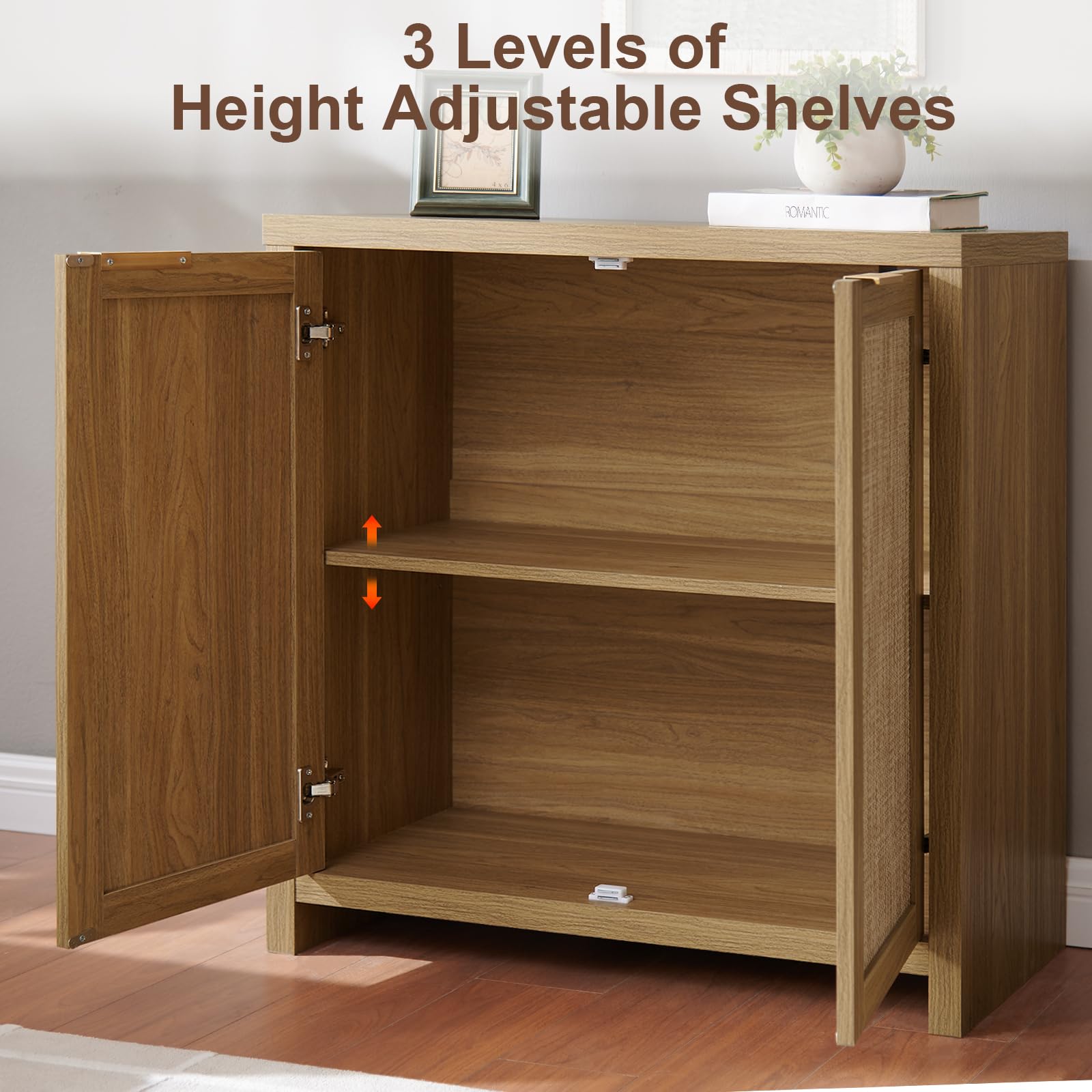 Hampstead Storage Sideboard Cabinet with Rattan Doors - Buffet Kitchen Cabinet with Adjustable Shelves, Accent Cupboard Console for Living Room & Hallway (Weathered Oak) - Perfect for Dining Room Storage, Entryway Organization & Home Decor