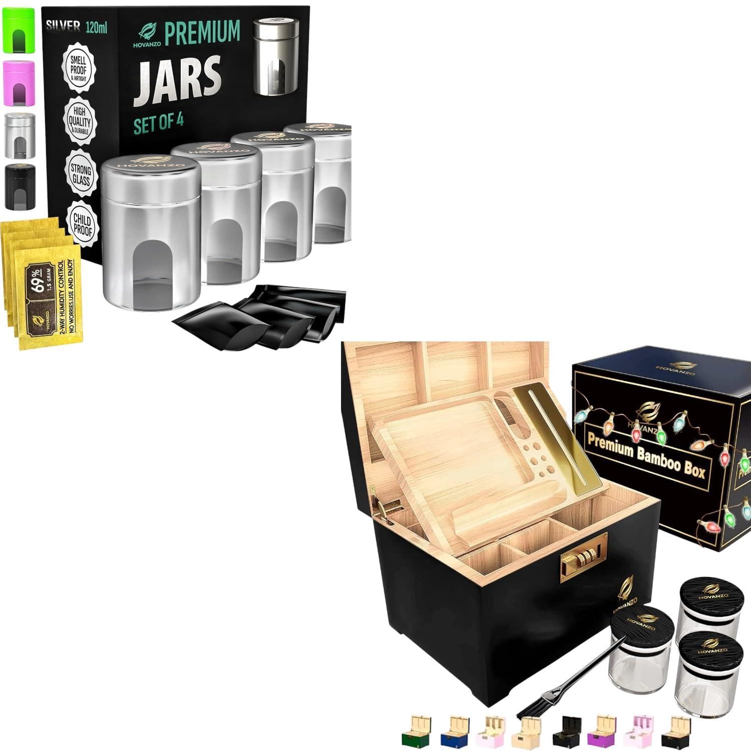 Large Bamboo Storage Box with Airtight Glass Jars & Combination Lock - Decorative Wooden Locking Box with Rolling Tray - Perfect for Kitchen Pantry, Bathroom Organization & Home Decor Storage