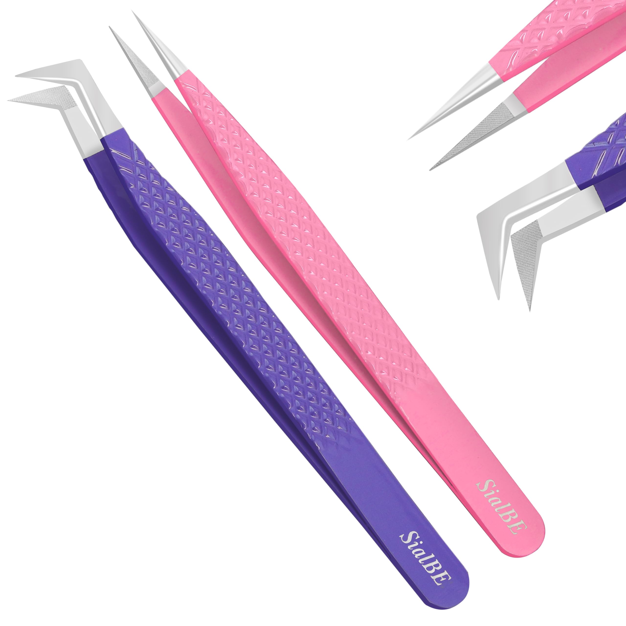 Premium SialBE Diamond Grip Eyelash Extension Tweezers Set - 2PC Stainless Steel Fiber Tip Tweezers (Straight & L-Shape) for Professional & DIY Lash Artists | Perfect for Salon, Home Use & Travel Lash Kits