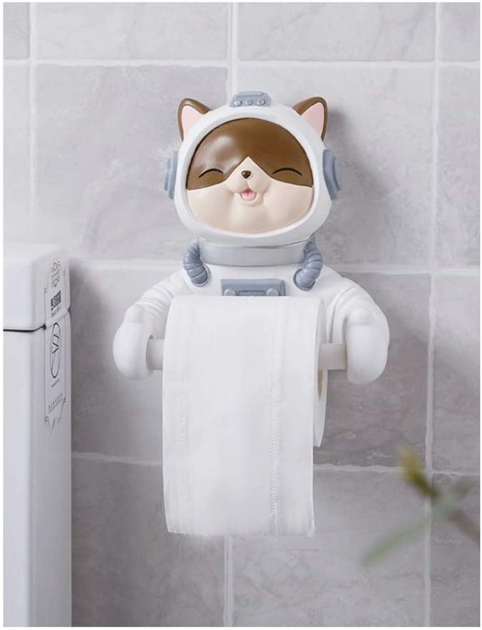 Wall-Mounted Toilet Paper Holder with Cartoon Spaceman Cat Design - No Punch Free Hanging Bathroom Tissue Box Storage Organizer - White Modern Bathroom Decor for Home, Apartment & RV Use