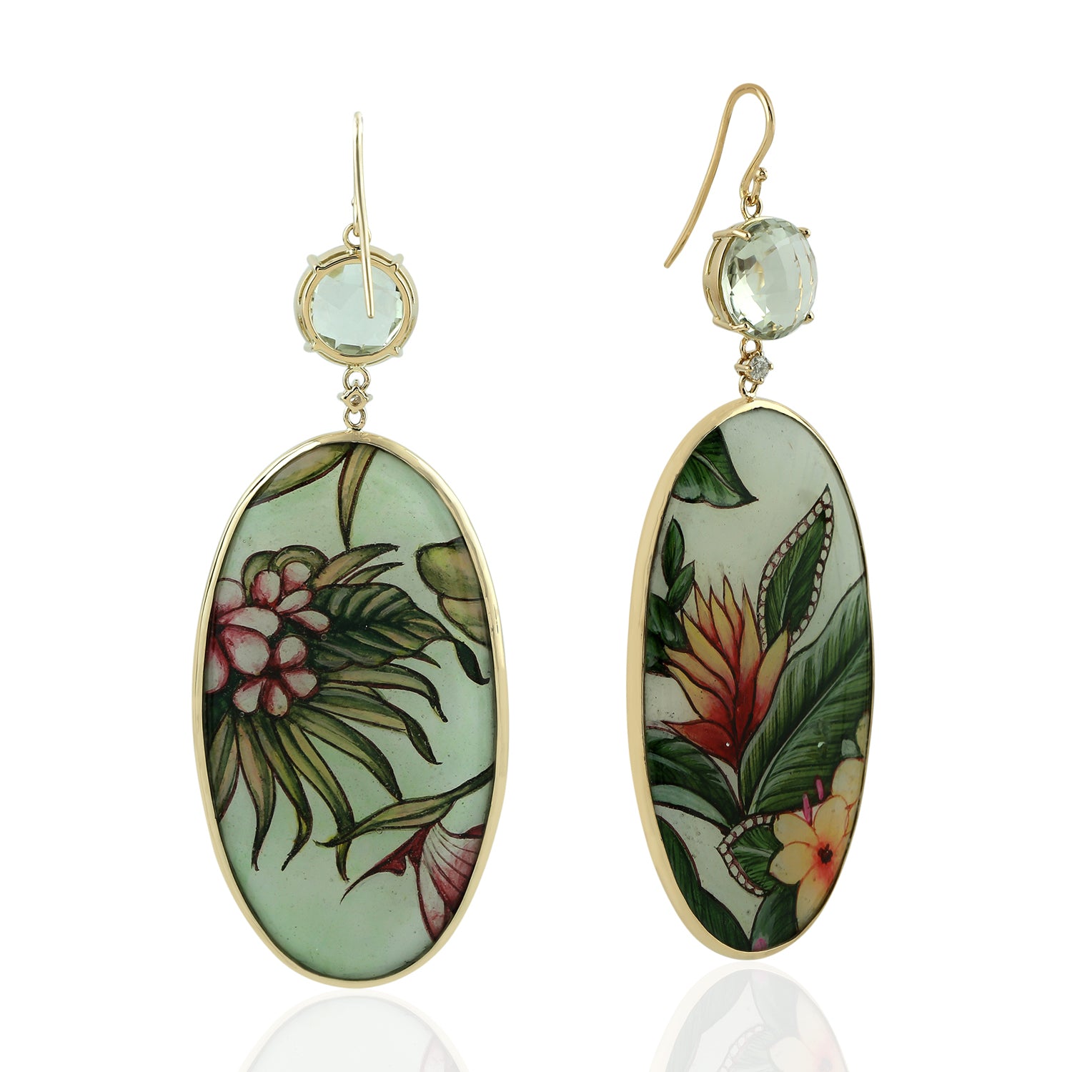 Green Amethyst Oval Cut Mother of Pearl Prong Diamond Enamel Ear Hook Earrings in Gold | Elegant Dangle Earrings for Women, Perfect for Weddings, Parties & Special Occasions
