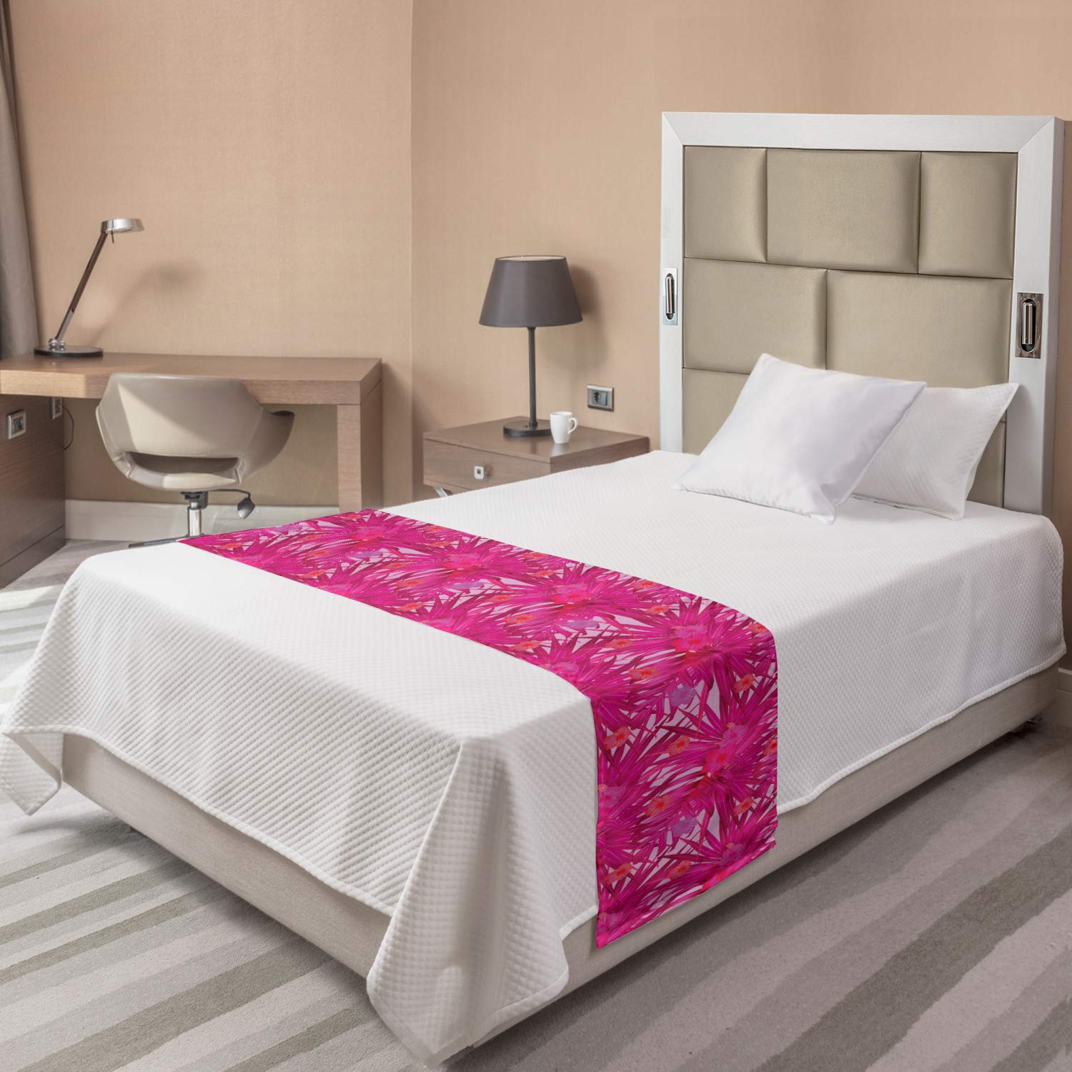 Ambesonne Hibiscus Bed Runner - Tropical Flowers & Monstera Leaves Summer Pattern | Decorative Bedding Scarf for Hotels, Homes & Guest Rooms | Twin Size in Raspberry Pale Pink | Perfect for Beach House Decor, Summer Weddings & Boho Bedroom Styling