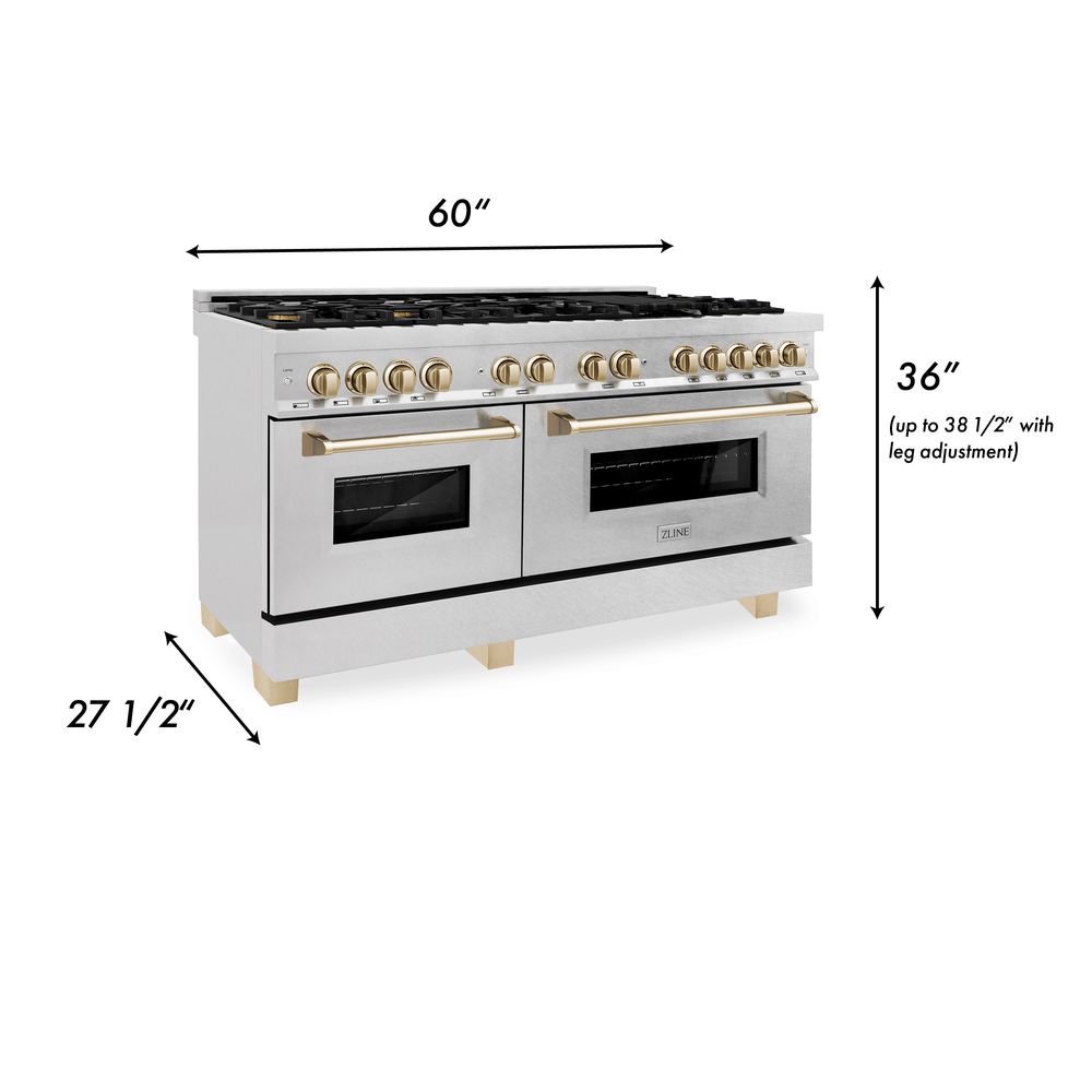 ZLINE Autograph Edition 60-inch 7.4 cu. ft. Dual Fuel Range - 9 Burner Gas Cooktop & 2 Electric Convection Ovens - Satin Stainless Steel with Polished Gold Accents (RASZ SN 60 G) - Perfect for Professional Chefs & Luxury Home Kitchens