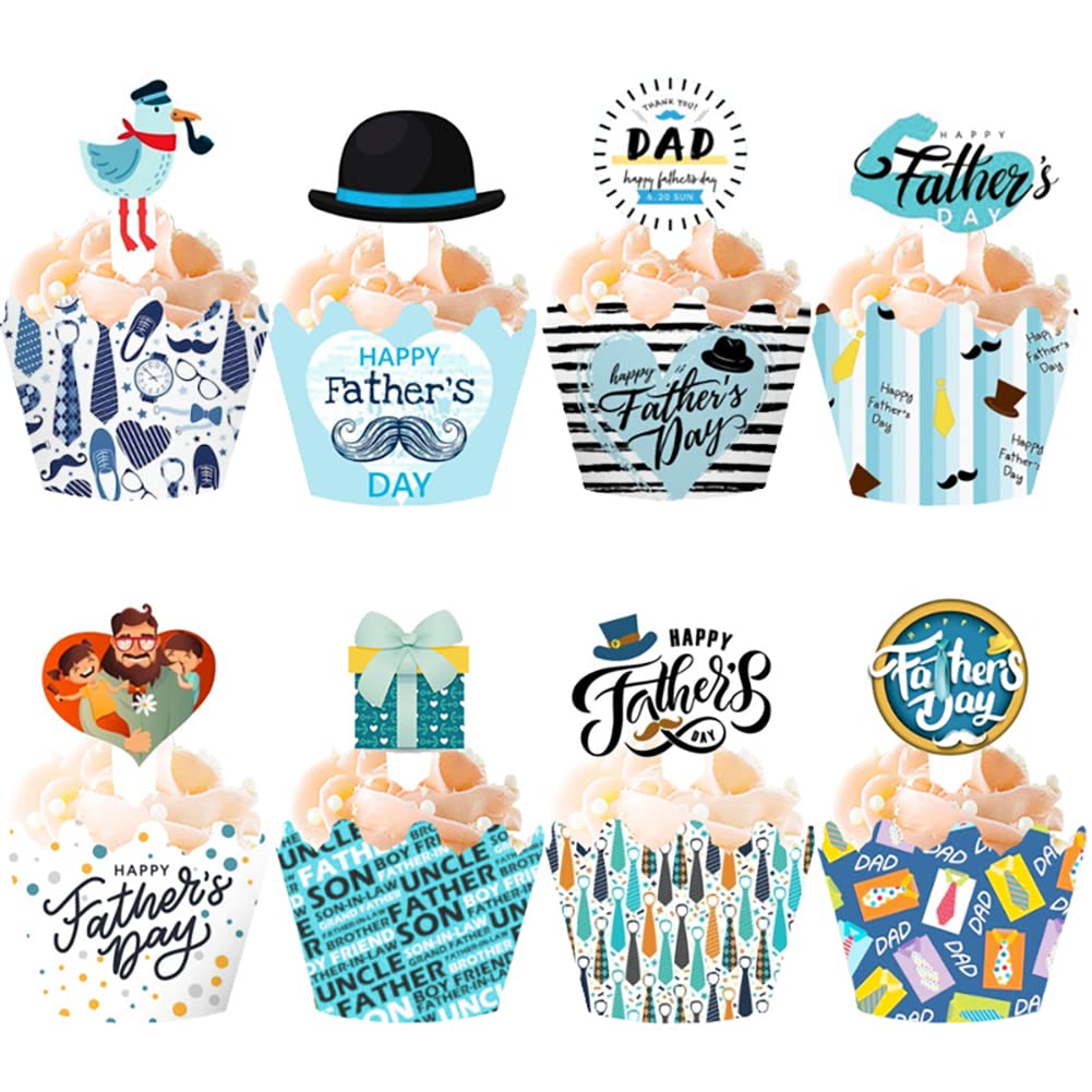 48 Pcs Happy Father's Day Cupcake Toppers & Wrappers - Father's Day Party Decorations, Cake Cupcake Decorations for Dad, Daddy Birthday Party, Table Decor Supplies - Perfect for Father's Day Celebrations, Birthday Parties & Family Gatherings