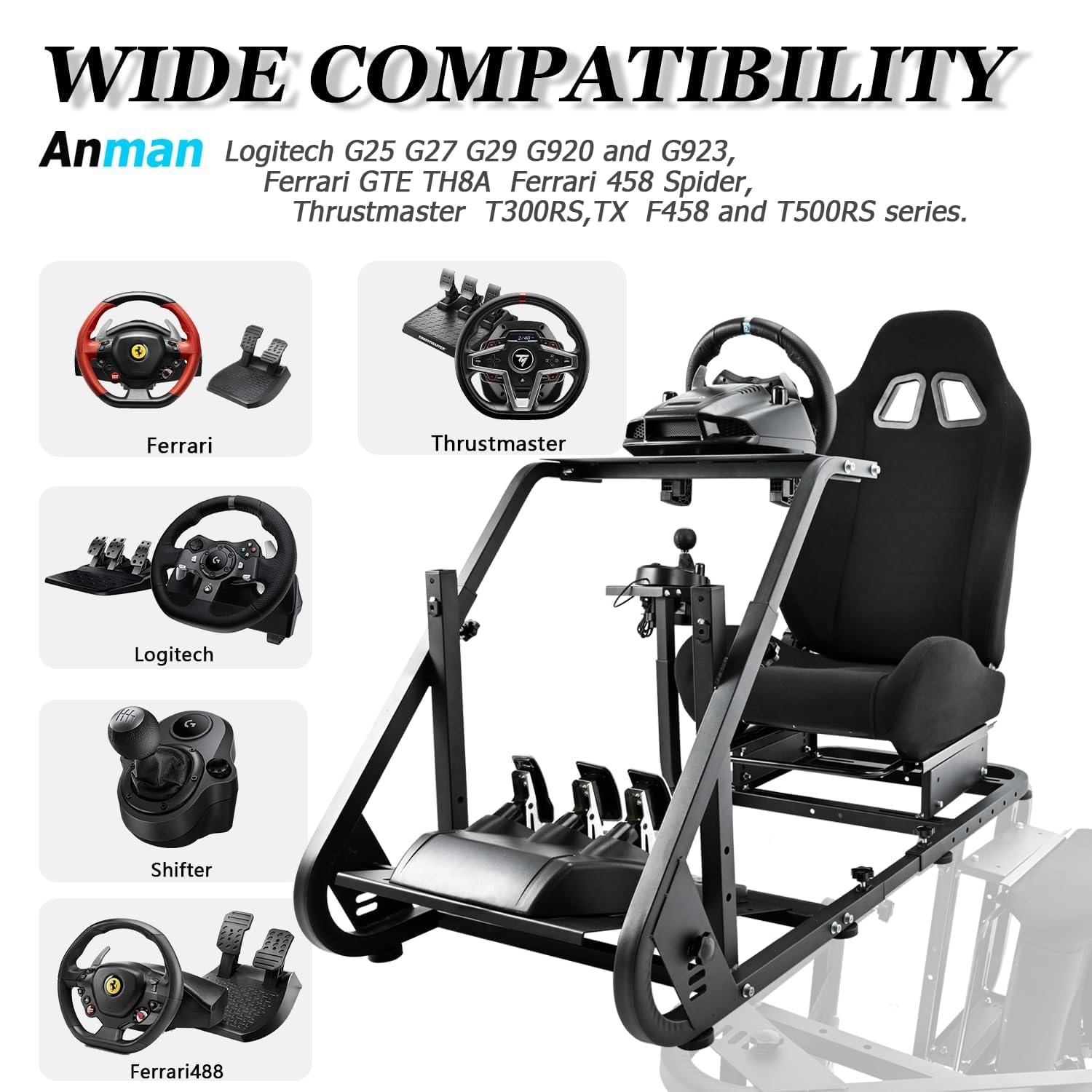 Anman TV/VR Sim Racing Simulator Cockpit - Black Gaming Seat Compatible with Logitech G27/G923/G920 & Thrustmaster T-GT/T248x/T80 | Adjustable Steering Wheel Stand with Installable Monitor Mount | Perfect for Home Racing Setup & Esports Training (Electronics Not Included)