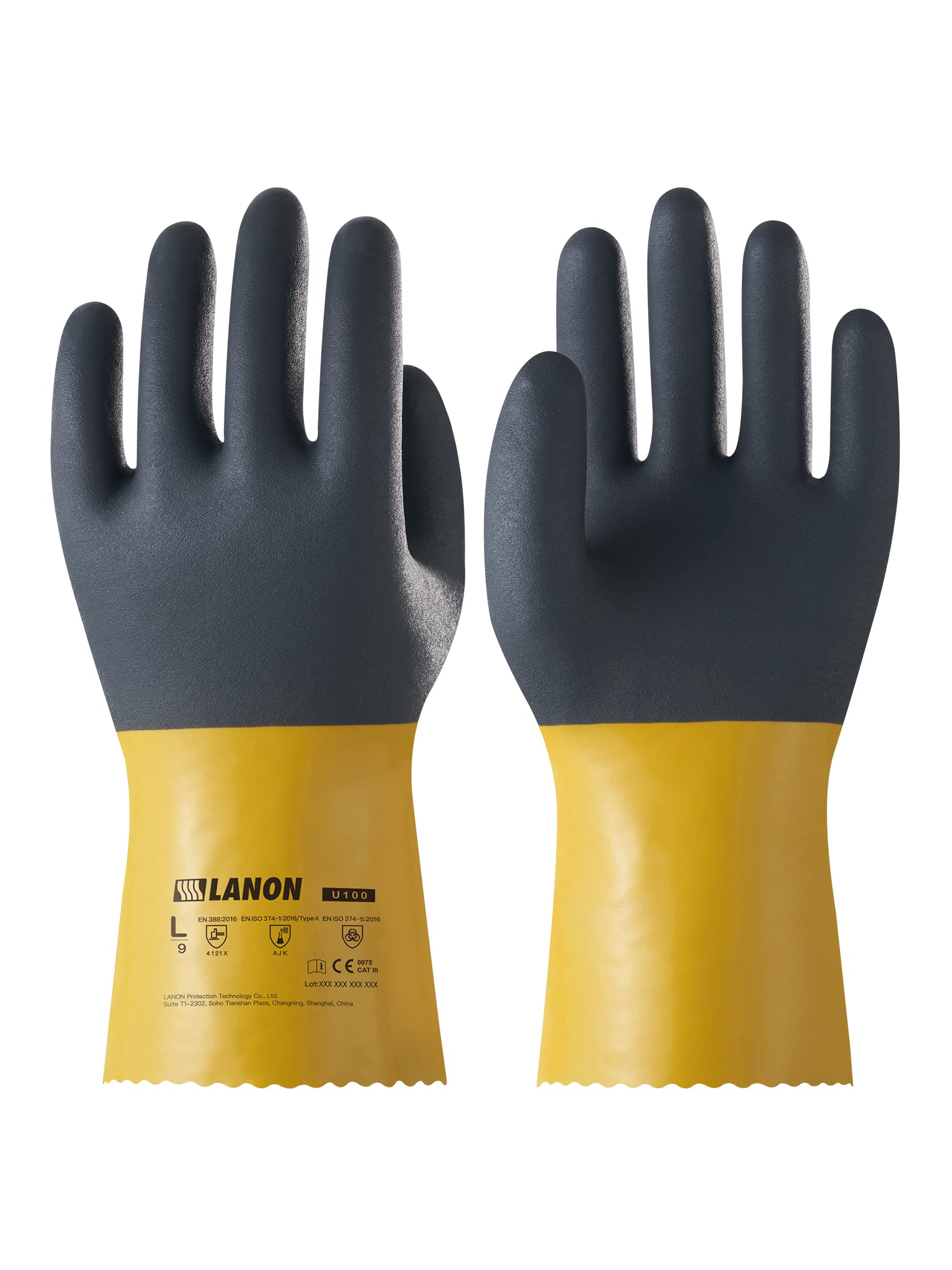 LANON 3 Pairs PVC Chemical Resistant Gloves - Heavy Duty Rubber Work Gloves for Acid, Alkali & Oil Protection - EN 374/388 Certified, Non-Slip Grip, XXL Size - Ideal for Laboratory, Industrial Cleaning & Automotive Repair
