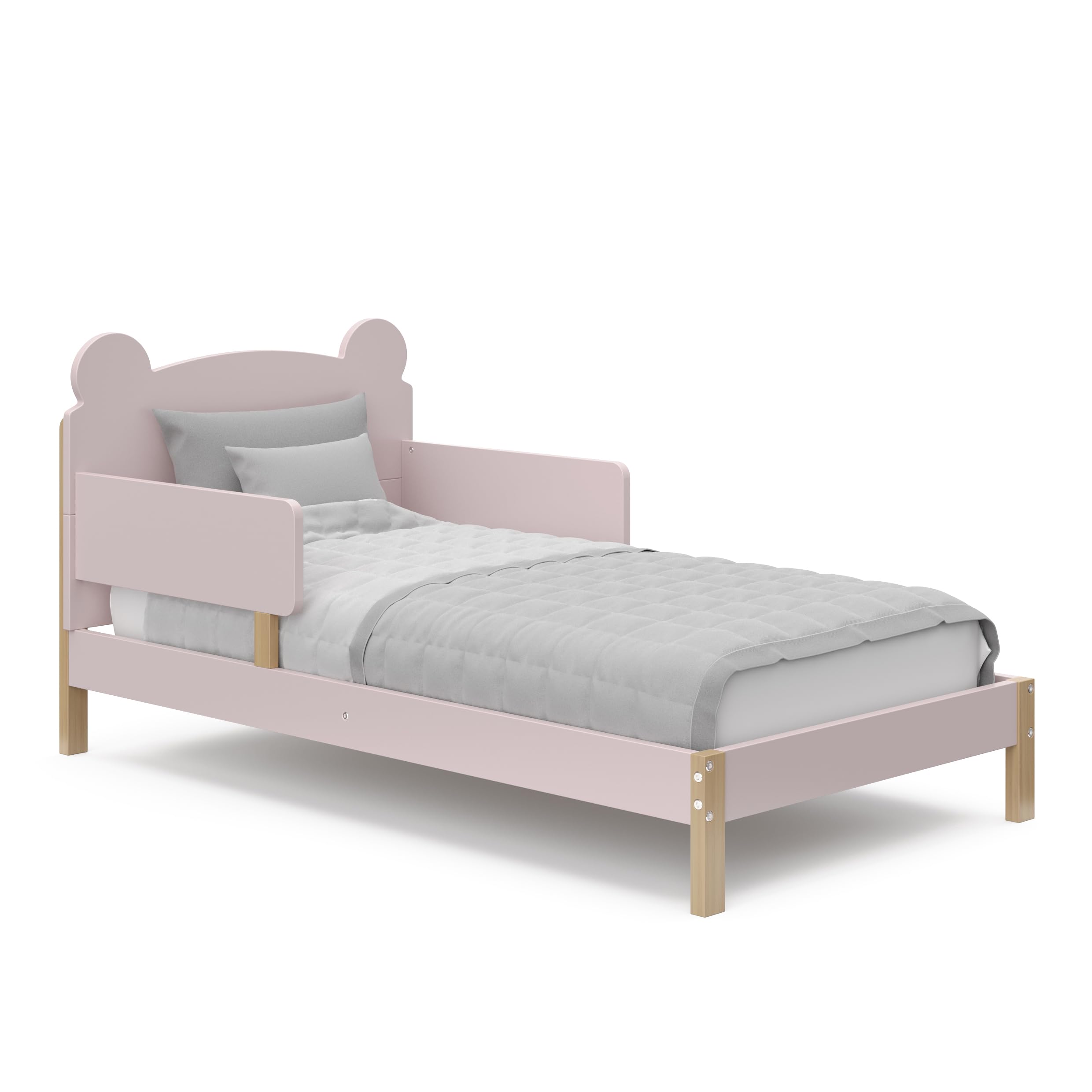 Storkcraft Teddy Bear Toddler Bed with Safety Rails - GREENGUARD Gold Certified, Blush & Driftwood 2-Tone Design, Fits Standard Crib Mattress | Cozy Nursery Furniture for Toddler's First Big Kid Bed Transition