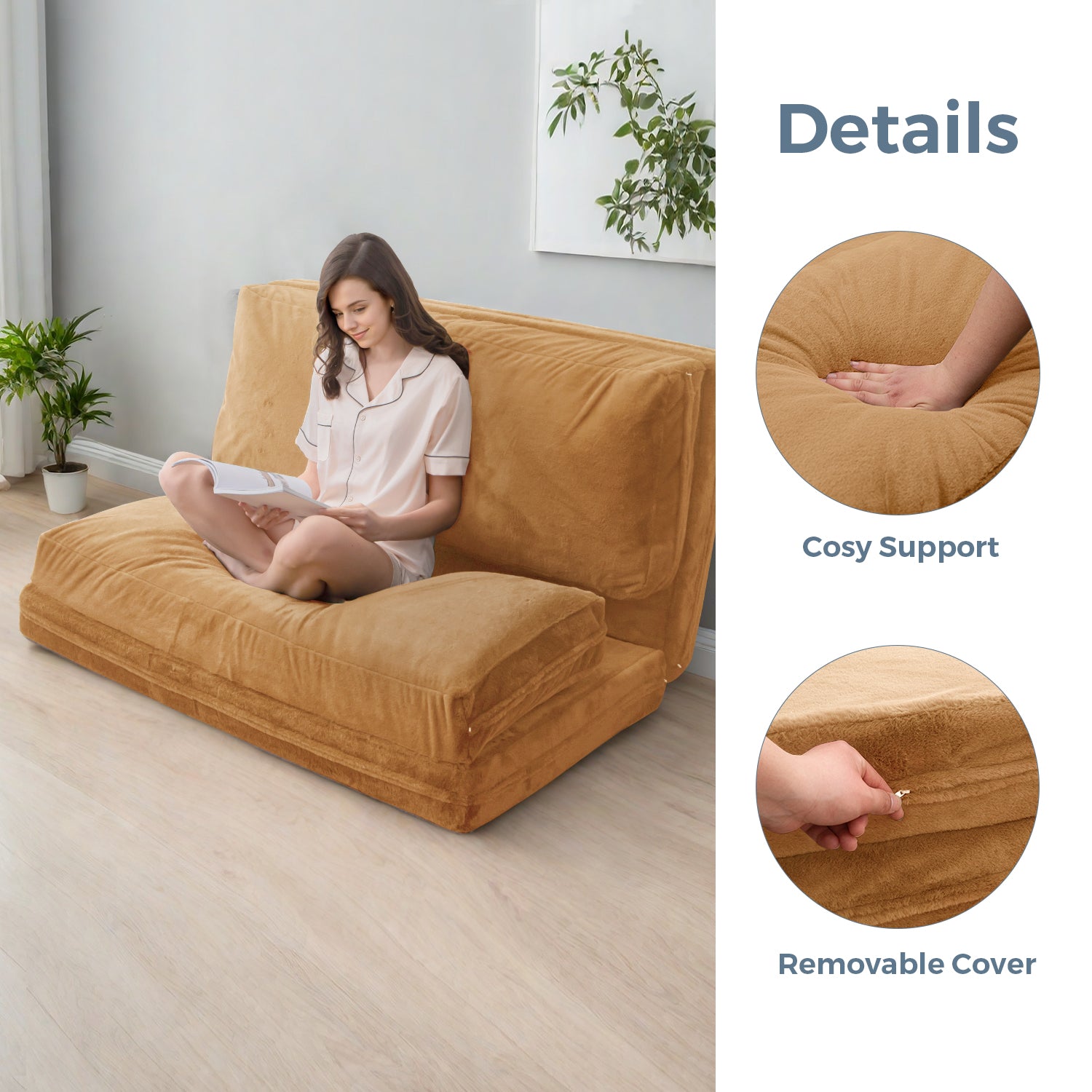 MAXYOYO Foldable Bean Bag Sofa Bed - Extra Thick Multi-Functional Floor Lounger with Washable Faux Fur Cover (Brown) - Perfect for Living Rooms, Dorms & Game Rooms