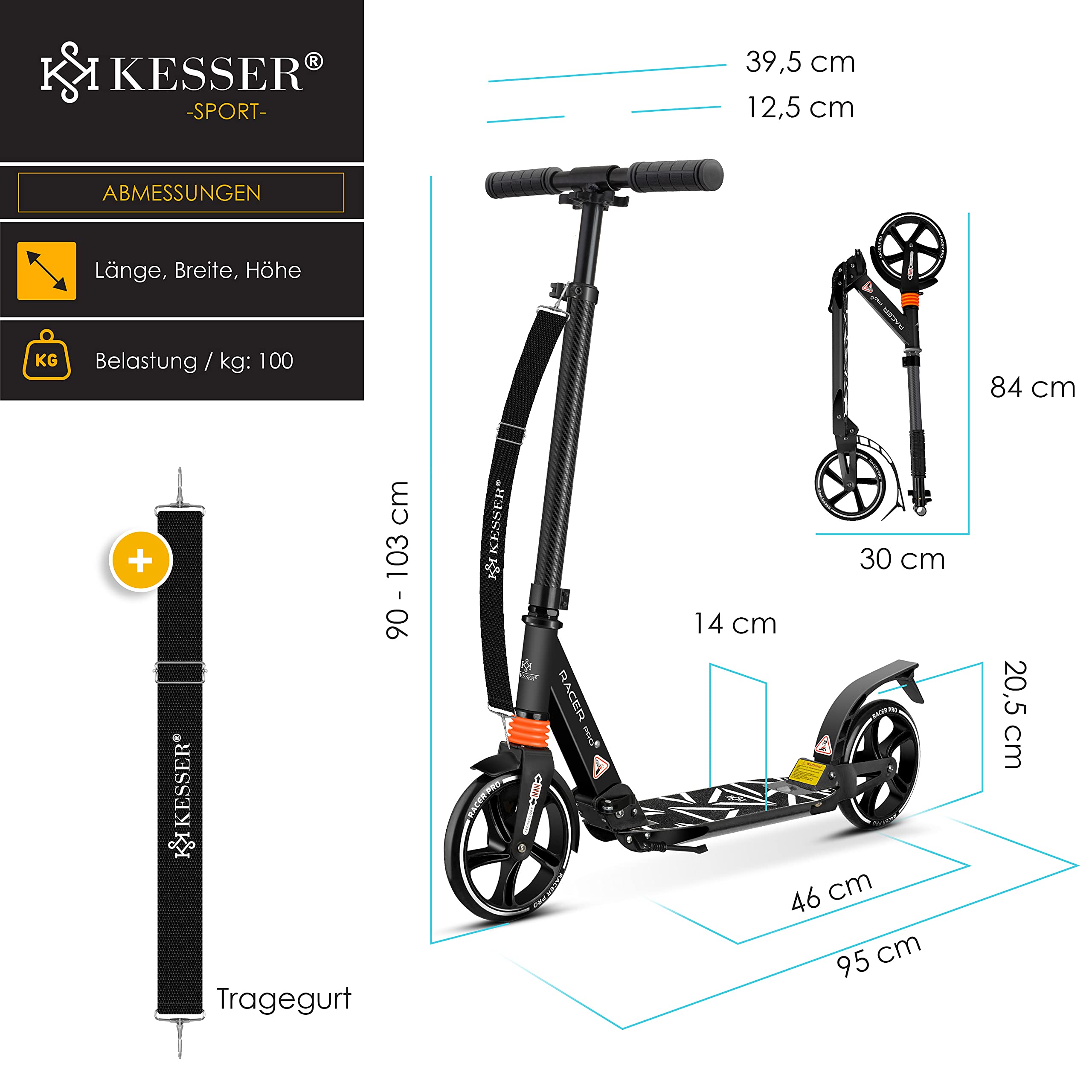KESSER® PRO-S City Scooter with 205mm PU Big Wheels & Dual Suspension - Foldable, Adjustable Height Urban Scooter for Adults & Kids - Perfect for Commuting, Campus Travel & City Adventures
