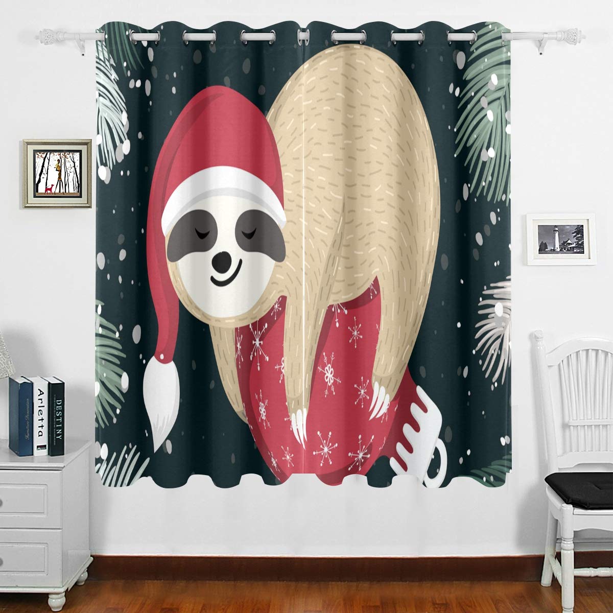 Cute Baby Sloth Blackout Thermal Insulated Curtains for Bedroom & Living Room - 63x55 Inch Christmas Grommet Drapes for Home Decoration | Perfect for Nursery, Kids Room & Kitchen Windows