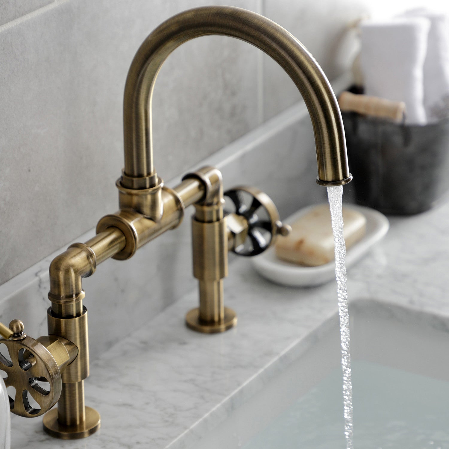 Belknap KS2173RX Two Handle 2 Hole Deck Mount Bridge Bathroom Faucet with Push Pop Up Drain in Antique Brass - Perfect for Vintage Style Bathrooms and Powder Rooms