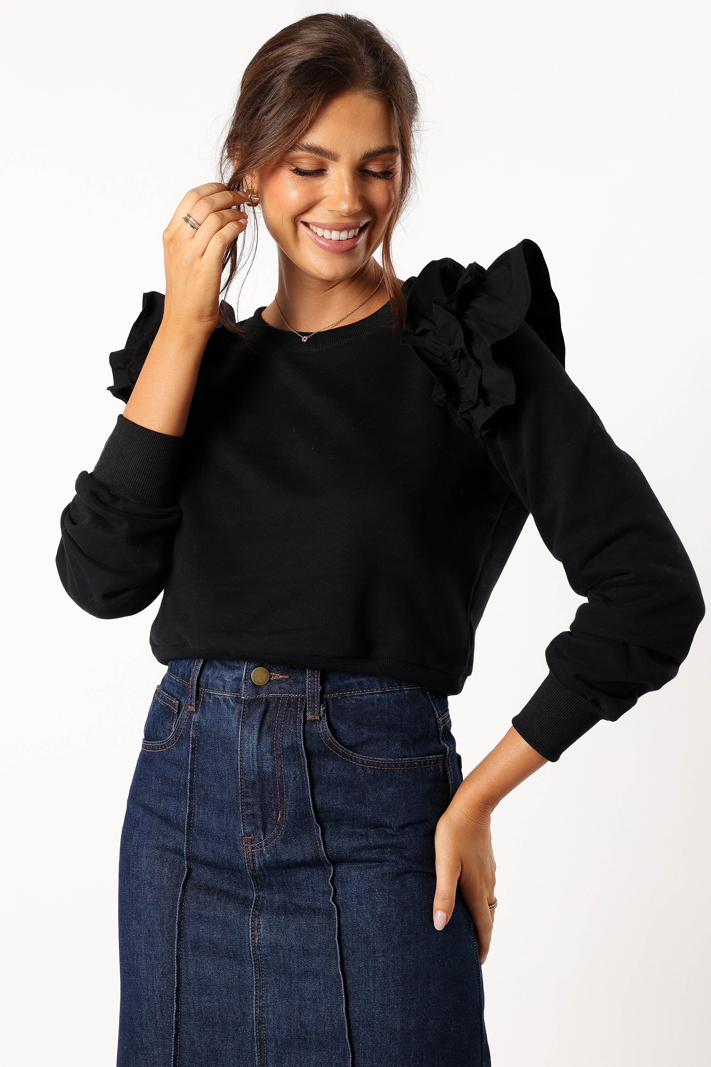 Cora Ruffle Sleeve Sweatshirt for Women - Soft Casual Pullover with Feminine Ruffle Details in Black | Perfect for Everyday Wear, Coffee Dates & Weekend Outings