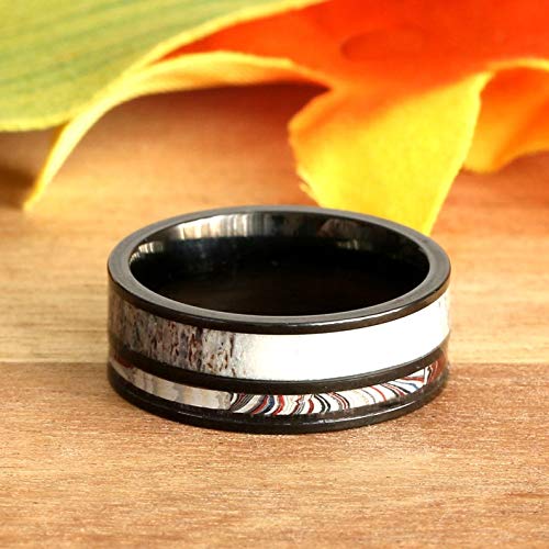 Fordite and Deer Antler Wedding Ring Set - Unique Motor Agate Engagement Rings for Car Enthusiasts - Handcrafted Alternative Jewelry for Weddings, Anniversaries and Gifts