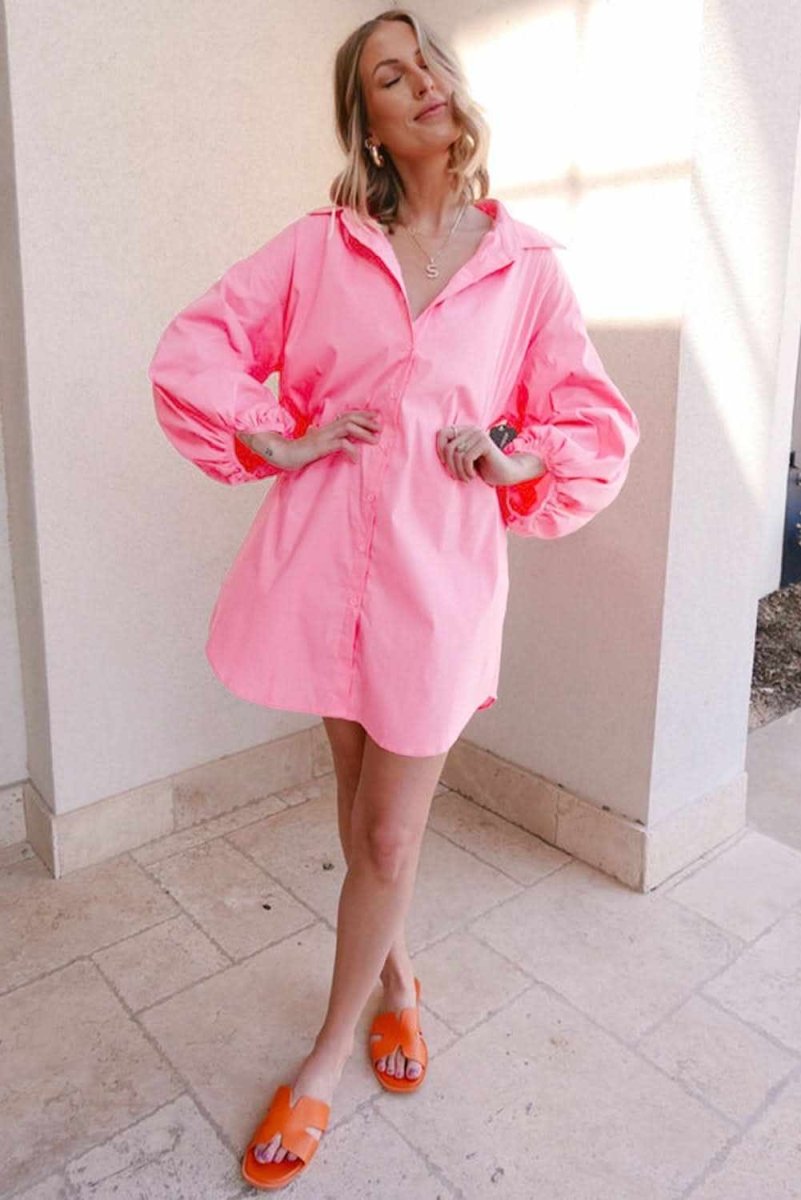 Bright Pink Balloon Sleeve Button Up Mini Shirt Dress for Women - Flowy Summer Casual Outfit for Beach, Party & Date Night