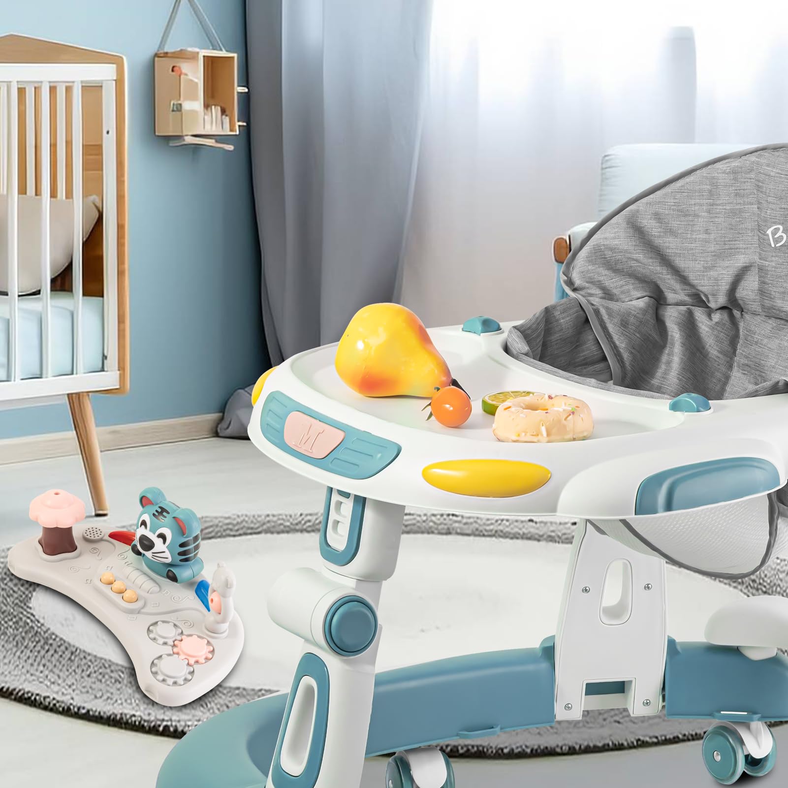 4-in-1 Foldable Baby Walker & Activity Center with Toy Tray - 3-Level Height Adjustable Infant Walker with Wheels for Boys & Girls 6-24 Months (Blue) - Perfect for Learning to Walk, Playtime & Early Development