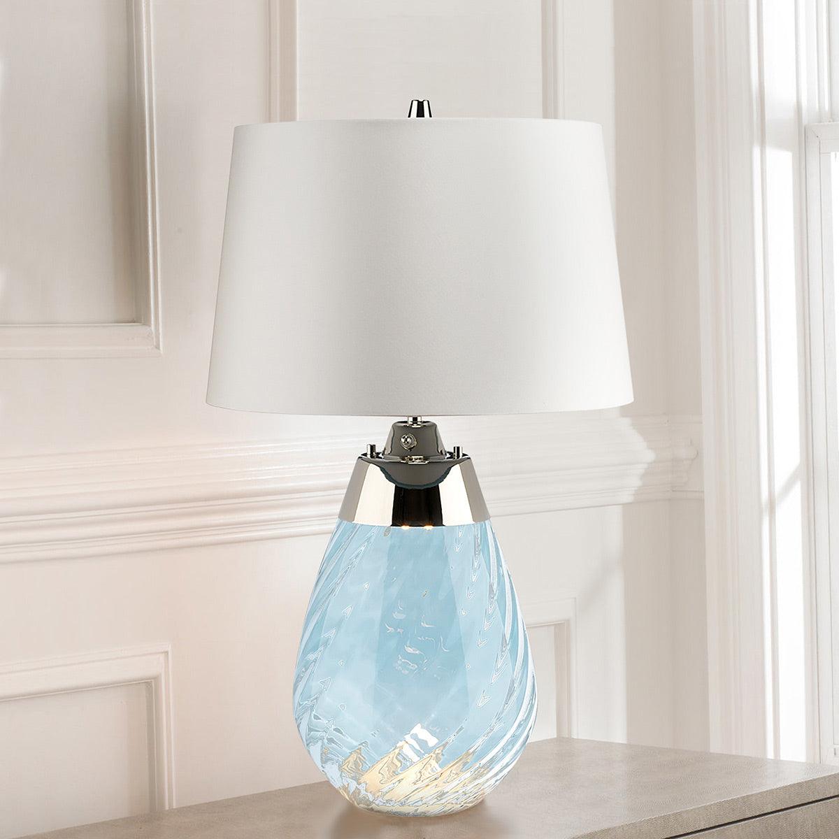 Lena 2-Light Small Blue Glass Table Lamp with Off-White Shade - Perfect for Bedroom Nightstand, Living Room End Table, or Office Desk Lighting
