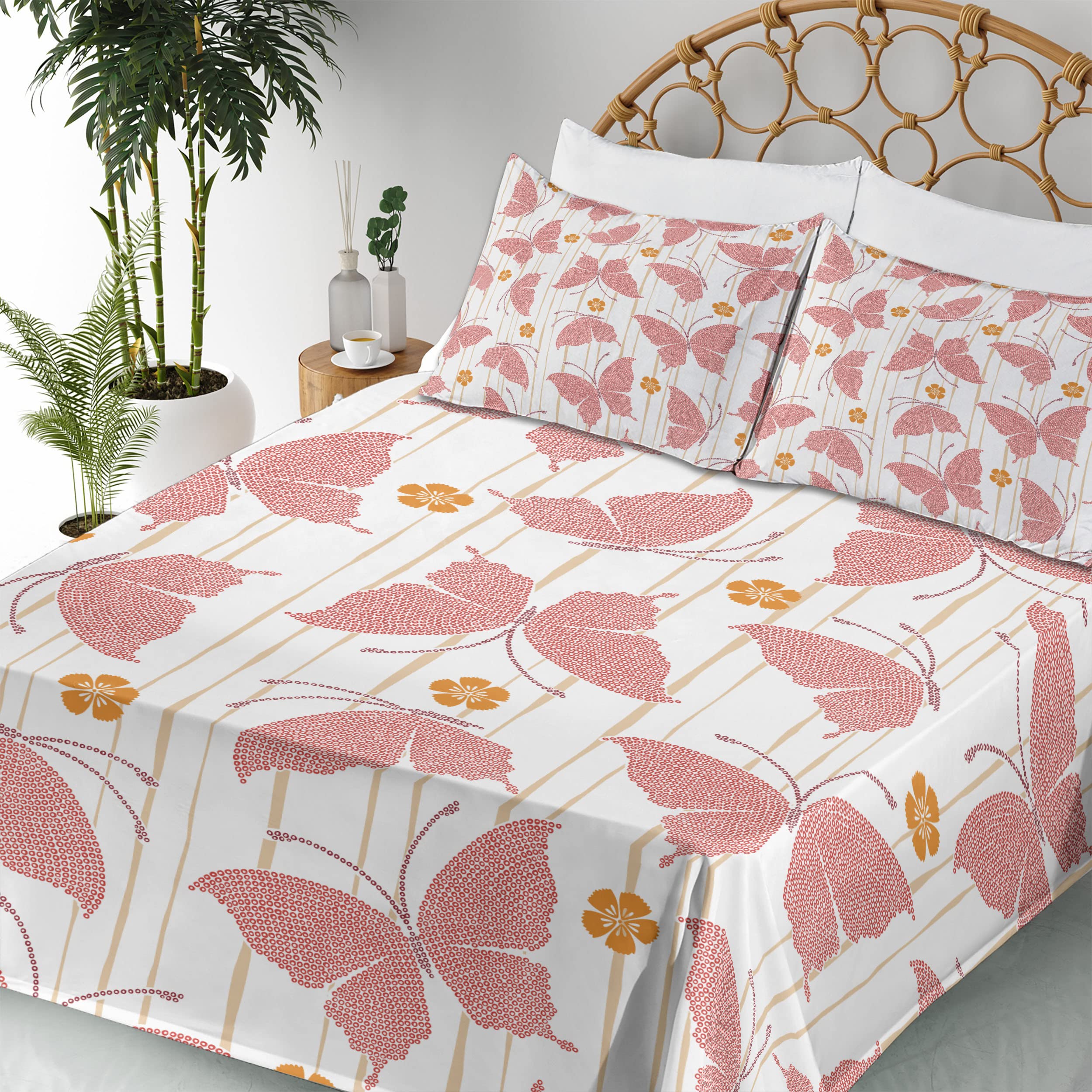 Ambesonne Butterfly King Size 4-Piece Sheet Set - Floral Butterfly Pattern with Digital Dots & Stripes in Red Orange Cream - Includes Fitted Sheet, Flat Sheet & 2 Pillowcases | Perfect for Master Bedroom, Guest Room & Bohemian Home Decor