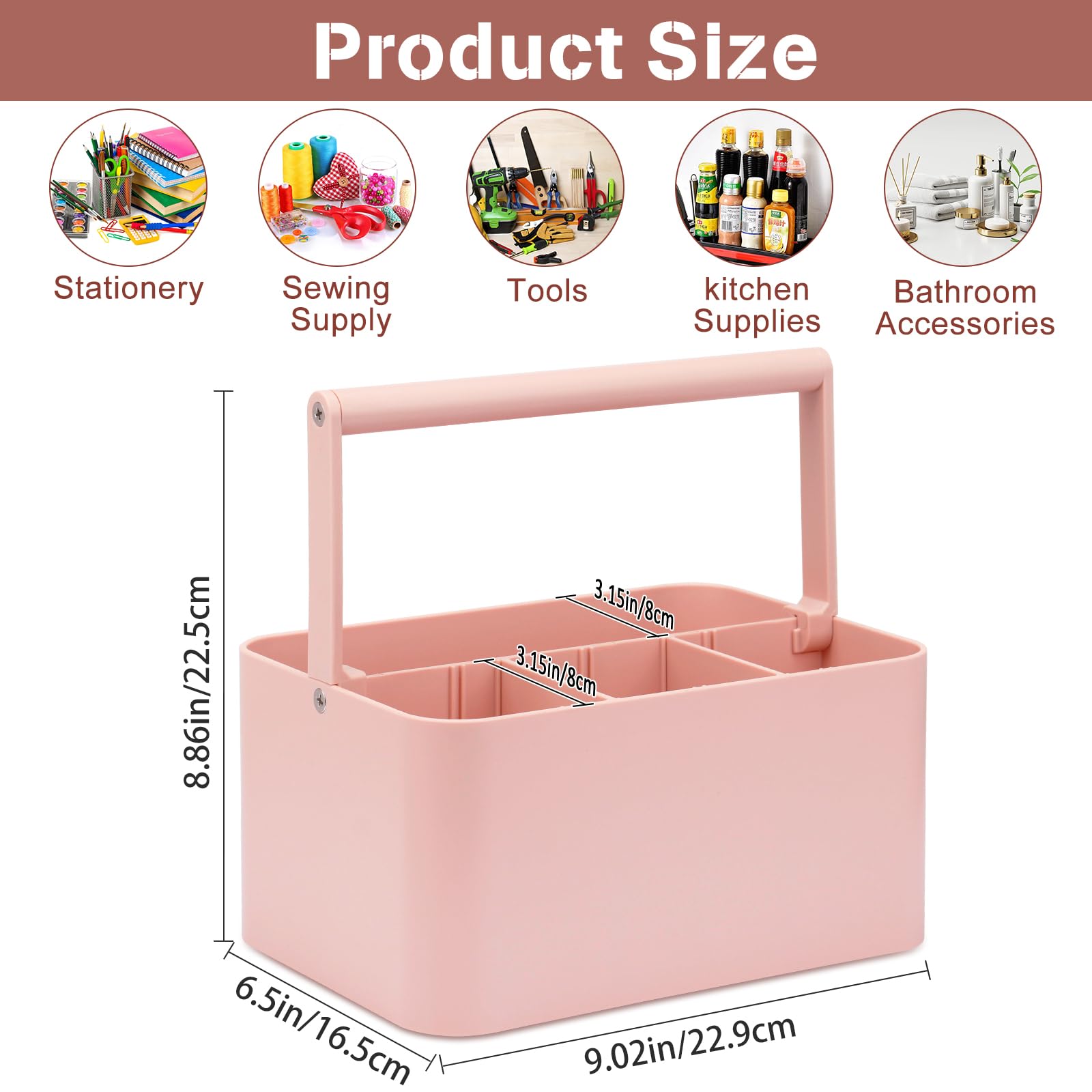 Multipurpose Caddy Organizer with Handle & Adjustable Divider - Portable Storage for Art Supplies, Crafts, Office, Bathroom & Makeup | Ideal for Dorm, Classroom, Cleaning & Shower Organization (Pink)