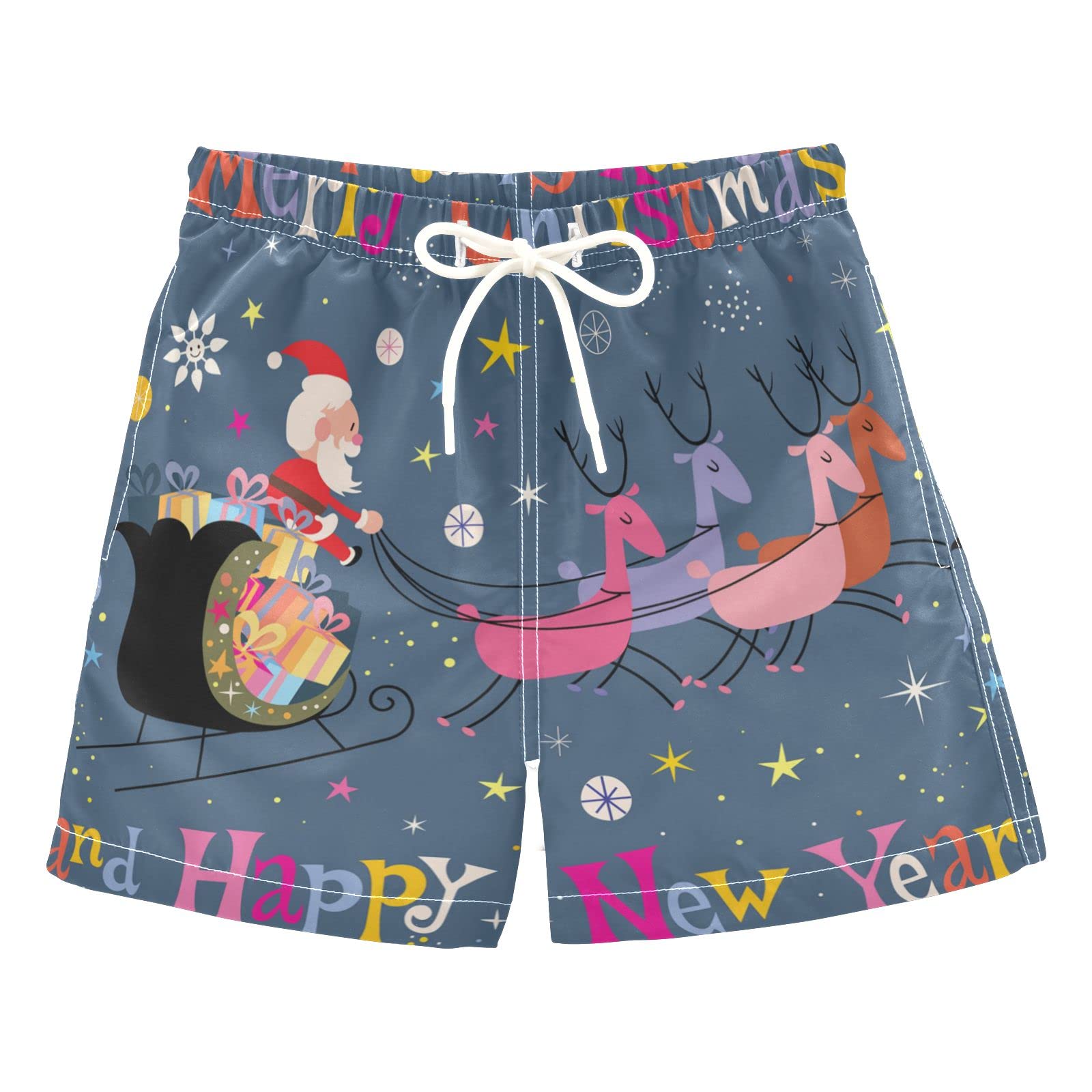 AMICHIC Boys Santa and His Sleigh Flying Swim Trunks - Quick Dry Toddler Swimwear for Kids 2-8 Years - Merry Christmas & New Year Holiday Bathing Suits - Perfect for Beach, Pool, and Summer Vacations