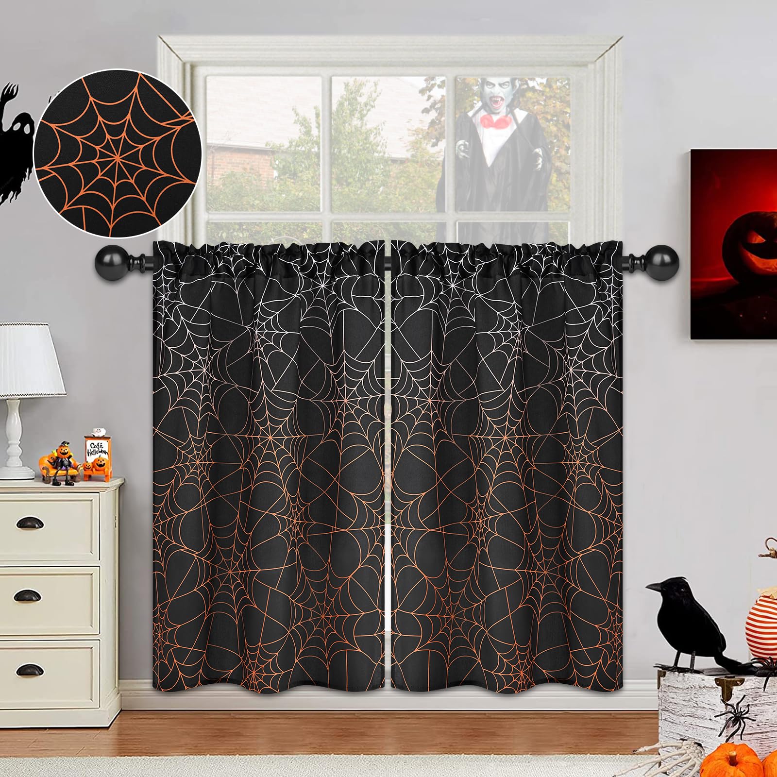 BLEUM CADE Halloween Ombre Kitchen Curtains 36 Inch - Spider Web Design Black & Orange Gradient Thermal Insulated Rod Pocket Window Curtains for Halloween Party Decor, Kitchen, Living Room & Bedroom