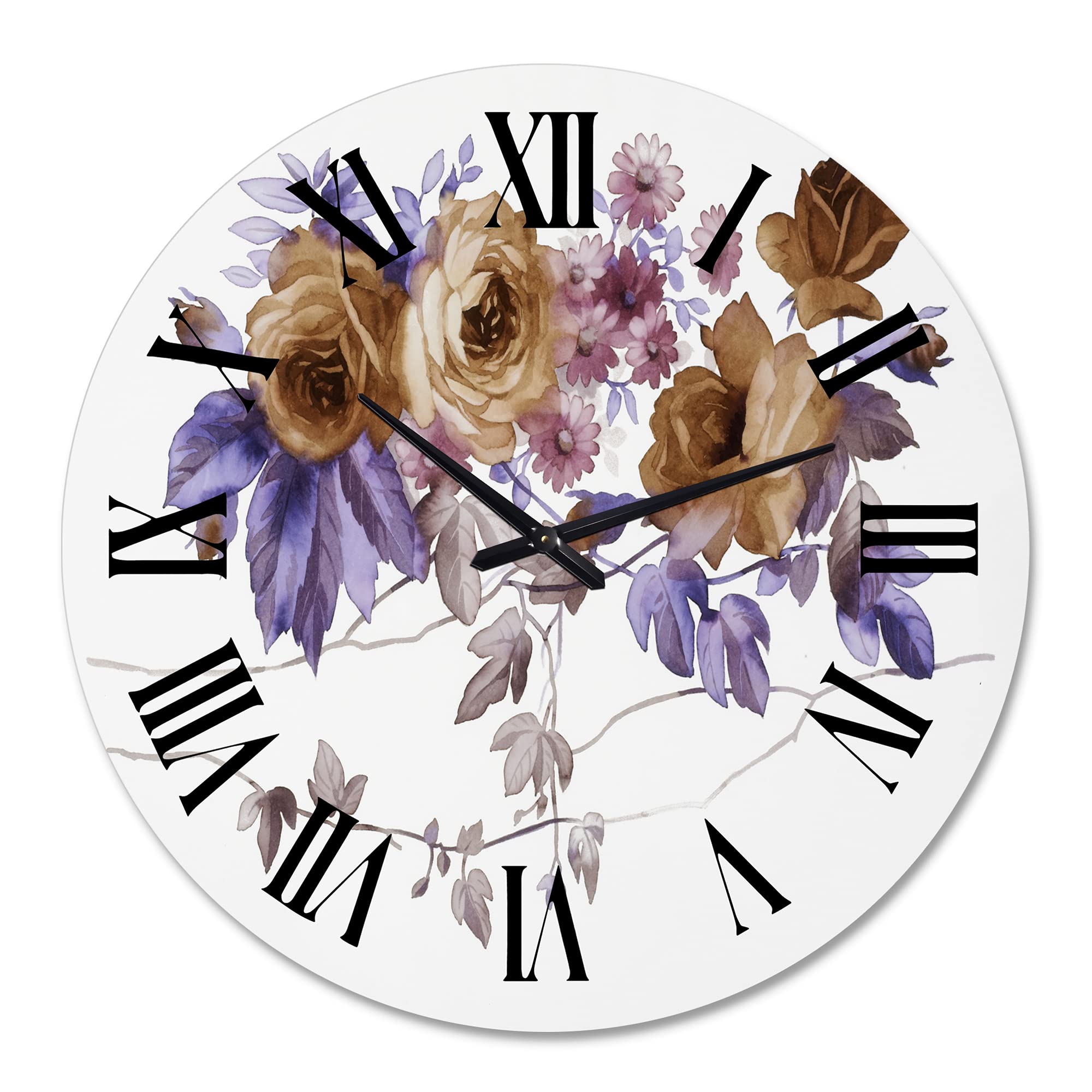 DesignQ Traditional Wall Clock 'Purple Wildflowers IV' - Large Floral & Botanical Wall Clock for Living Room, Bedroom, Office Decor | Perfect for Home, Kitchen, and Office Spaces
