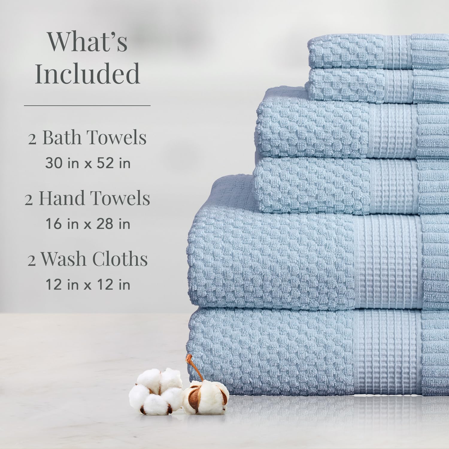 NY Loft 100% Cotton 6-Piece Towel Set - Super Soft, Absorbent & Quick-Dry Bath Towels, Hand Towels & Washcloths | Textured Durable Cotton Trinity Collection (Chambray Blue) - Perfect for Spa, Bathroom & Guest Room Luxury