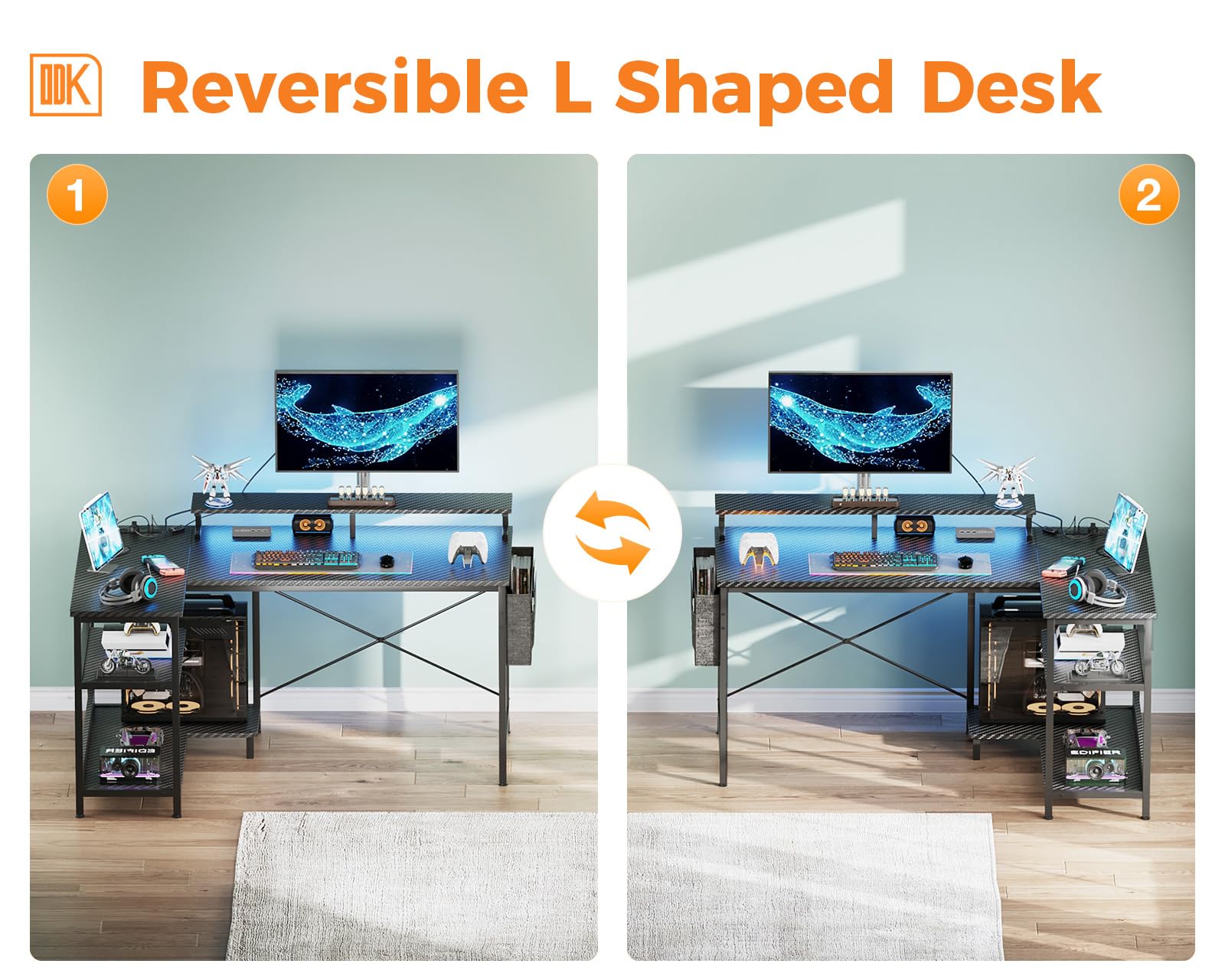 ODK 48 Inch L-Shaped Gaming Desk with USB Charging Ports, LED Lights & Power Outlets - Reversible Corner Computer Desk with Storage Shelves & Monitor Stand (Black) - Perfect for Gamers, Streamers & Home Office Setup