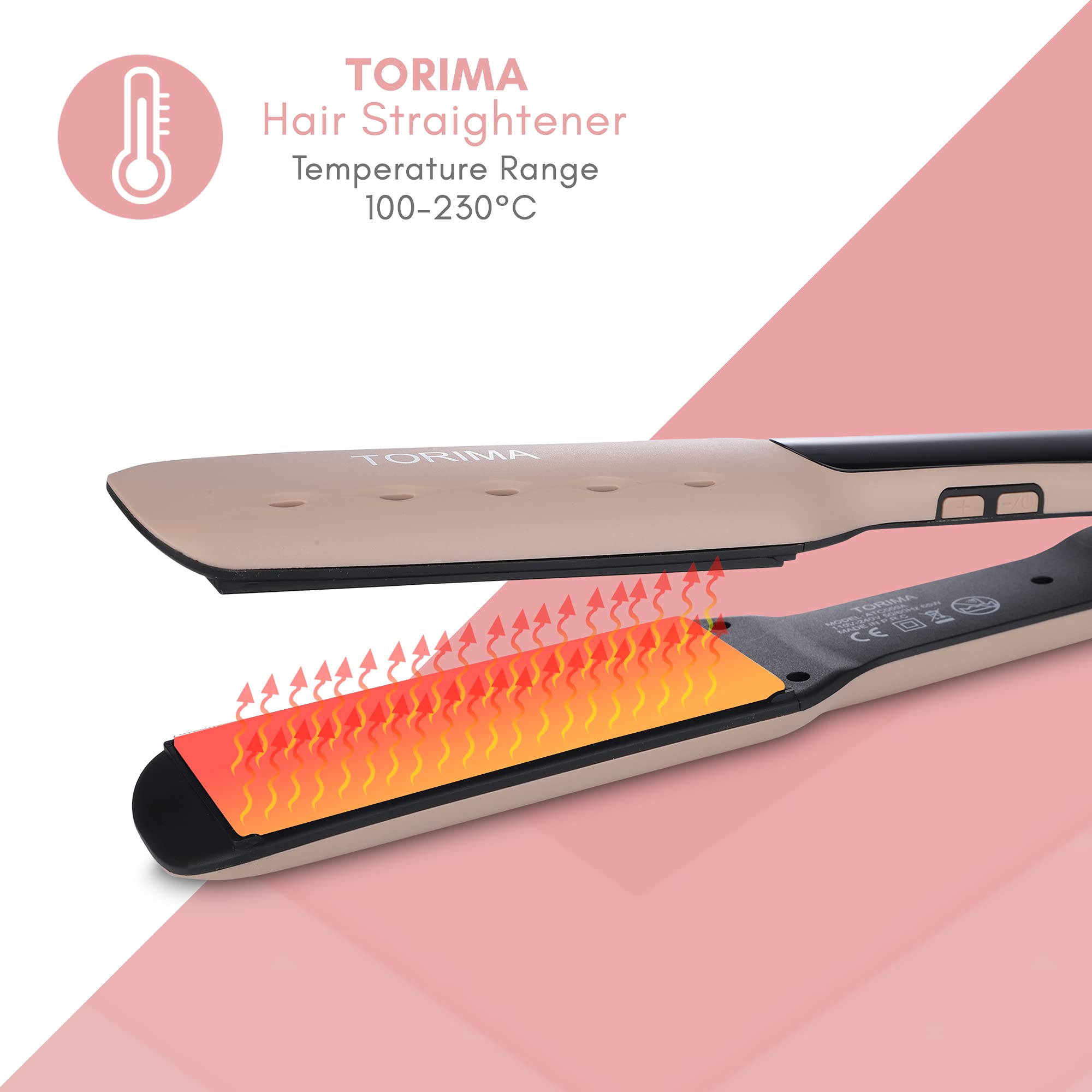 TORIMA ATC559/A Kerashine Professional Hair Straightener - Wide Ceramic Plates, Adjustable Temperature Control, Digital LED Display, Fast Heating for Smooth & Shiny Hair (Rose Gold) - Perfect for Home Use, Salon Styling & Travel
