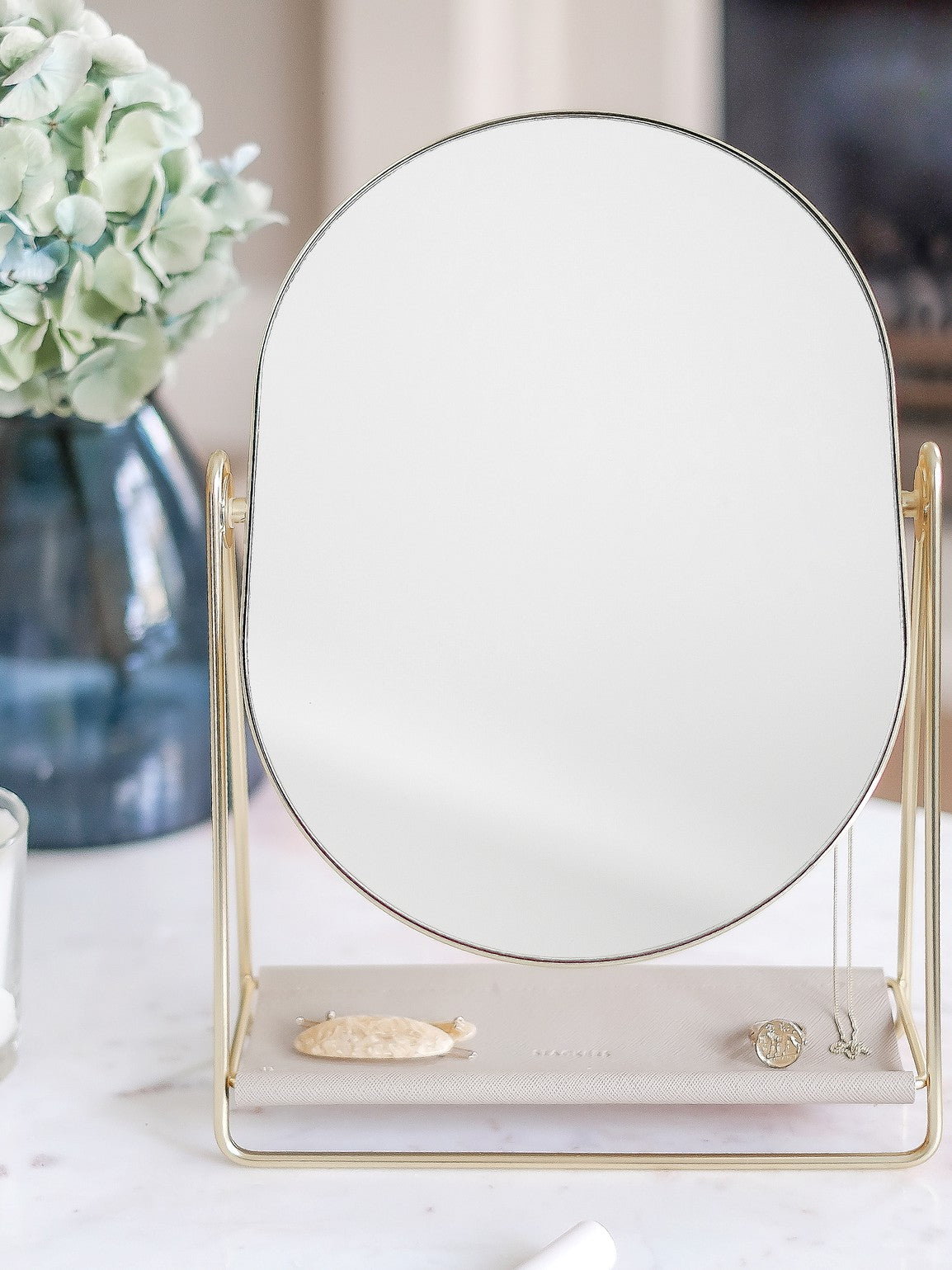 Blush & Gold Vanity Mirror with Jewelry Stand - Elegant Dressing Table Organizer for Makeup & Jewelry Storage | Perfect for Bedroom, Bathroom, and Bridal Dressing Room